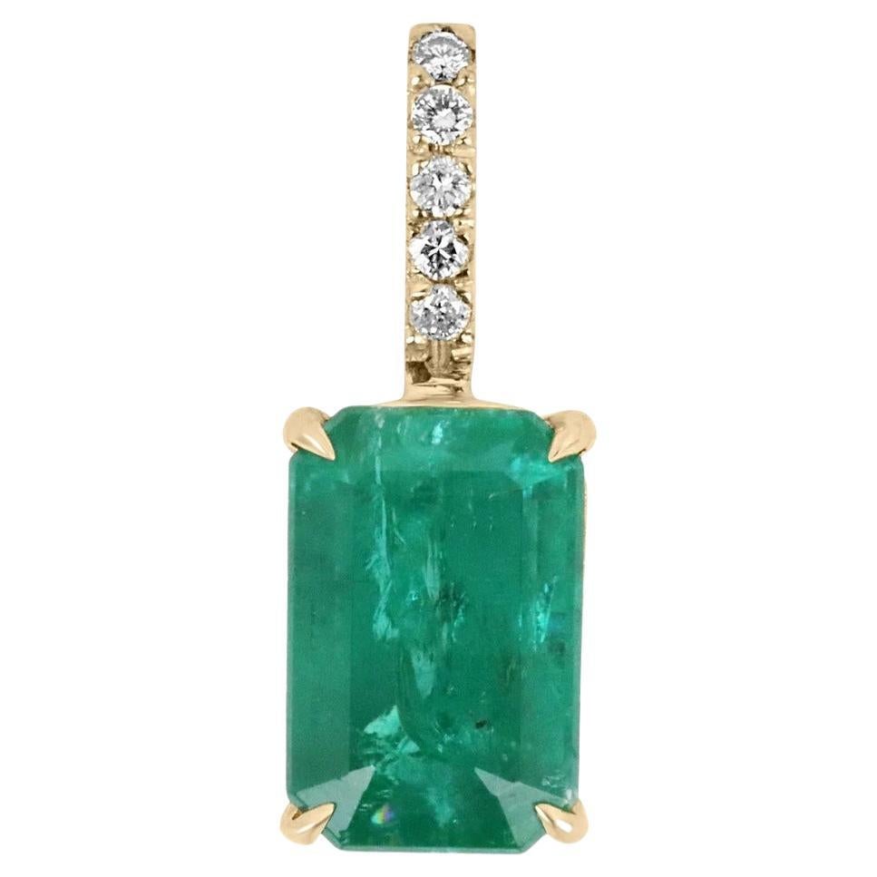 6.05tcw 18K Fine Emerald Cut Emerald Prong Set & Diamond Bale Accent Pendant 750 For Sale