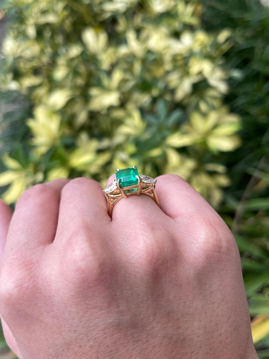 6.05tcw 18K Vivid Emerald Cut Colombian Emerald & Pear Diamond 3 Stone Gold Ring For Sale 1