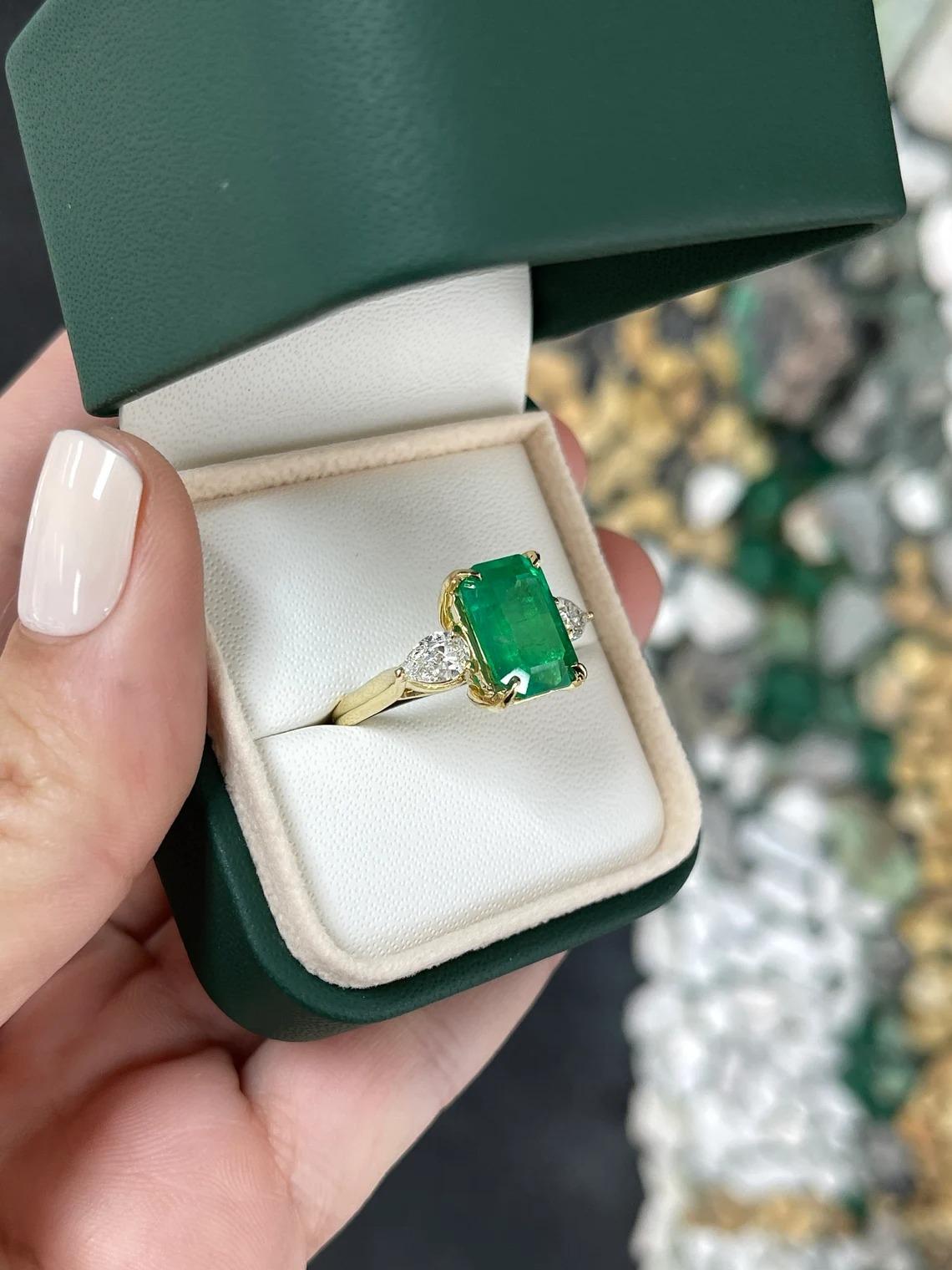 6.05tcw 18K Vivid Emerald Cut Colombian Emerald & Pear Diamond 3 Stone Gold Ring For Sale 2