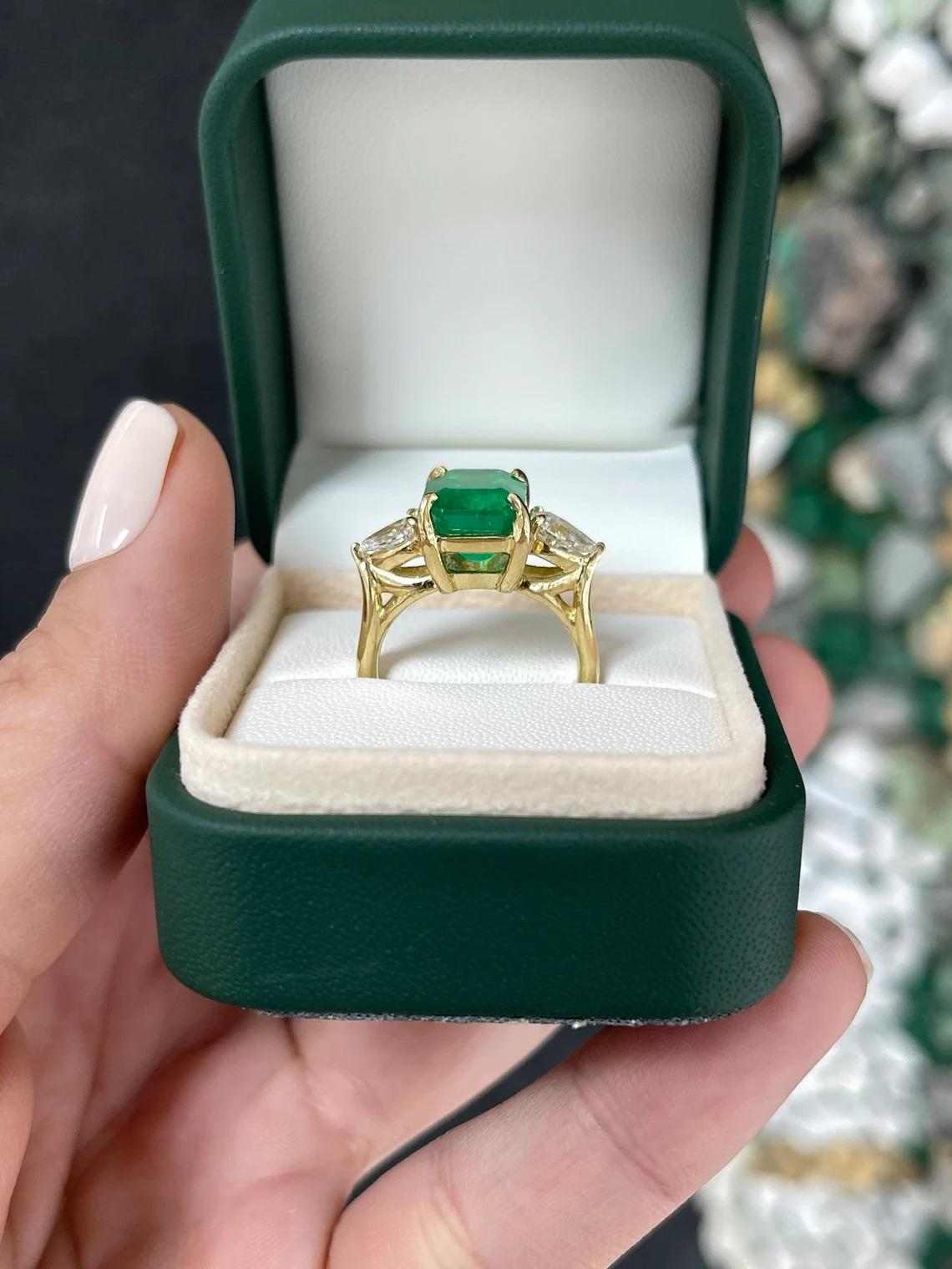 6.05tcw 18K Vivid Emerald Cut Colombian Emerald & Pear Diamond 3 Stone Gold Ring For Sale 3