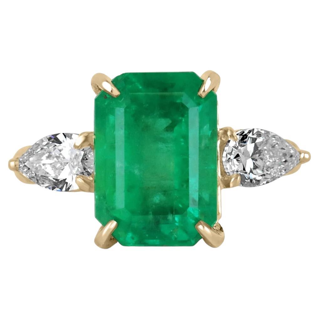 6.05tcw 18K Vivid Emerald Cut Colombian Emerald & Pear Diamond 3 Stone Gold Ring For Sale