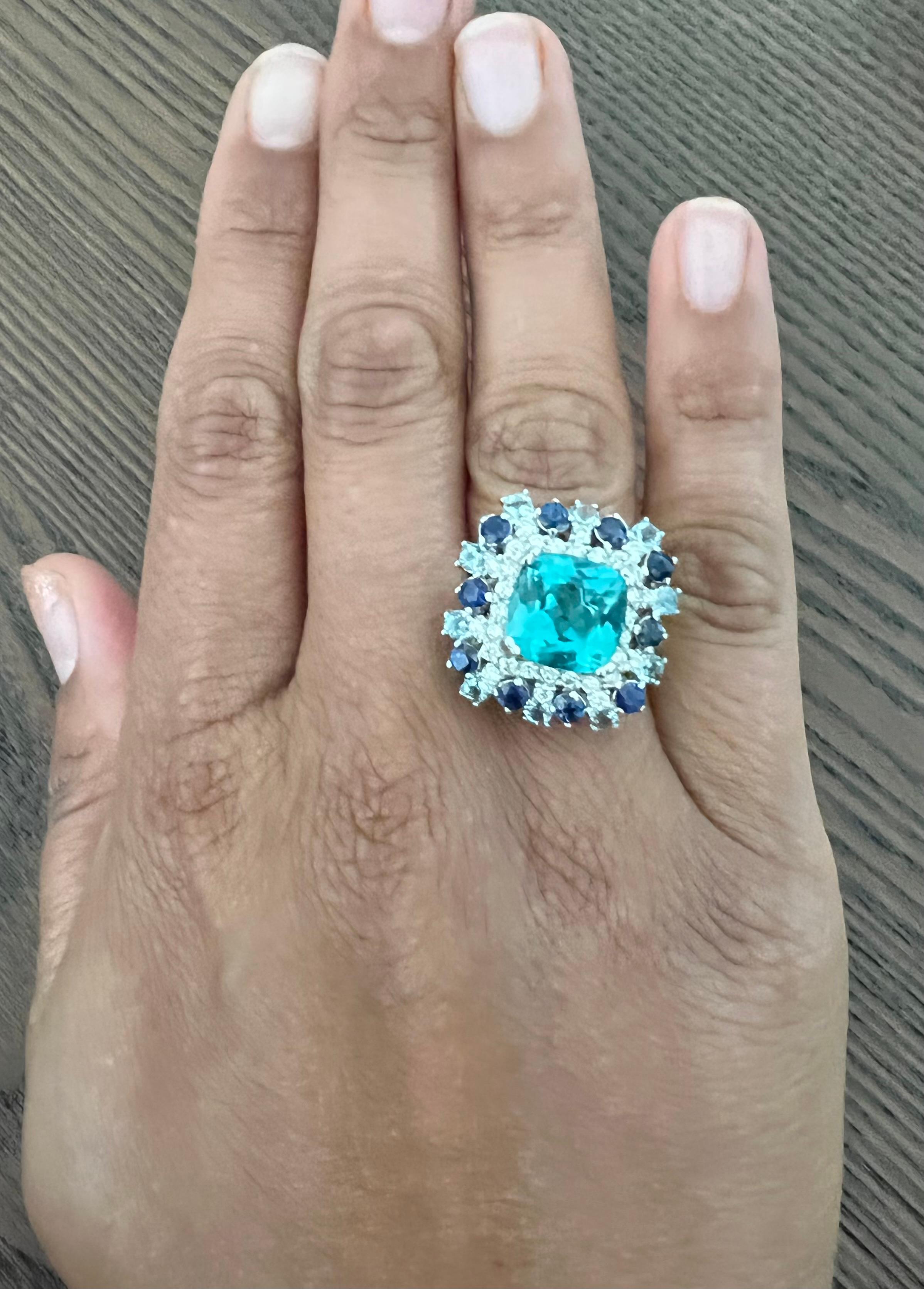 6.06 Carat Apatite Blue Sapphire Aquamarine Diamond White Gold Cocktail Ring In New Condition In Los Angeles, CA