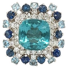 6.06 Carat Apatite Blue Sapphire Aquamarine Diamond White Gold Cocktail Ring