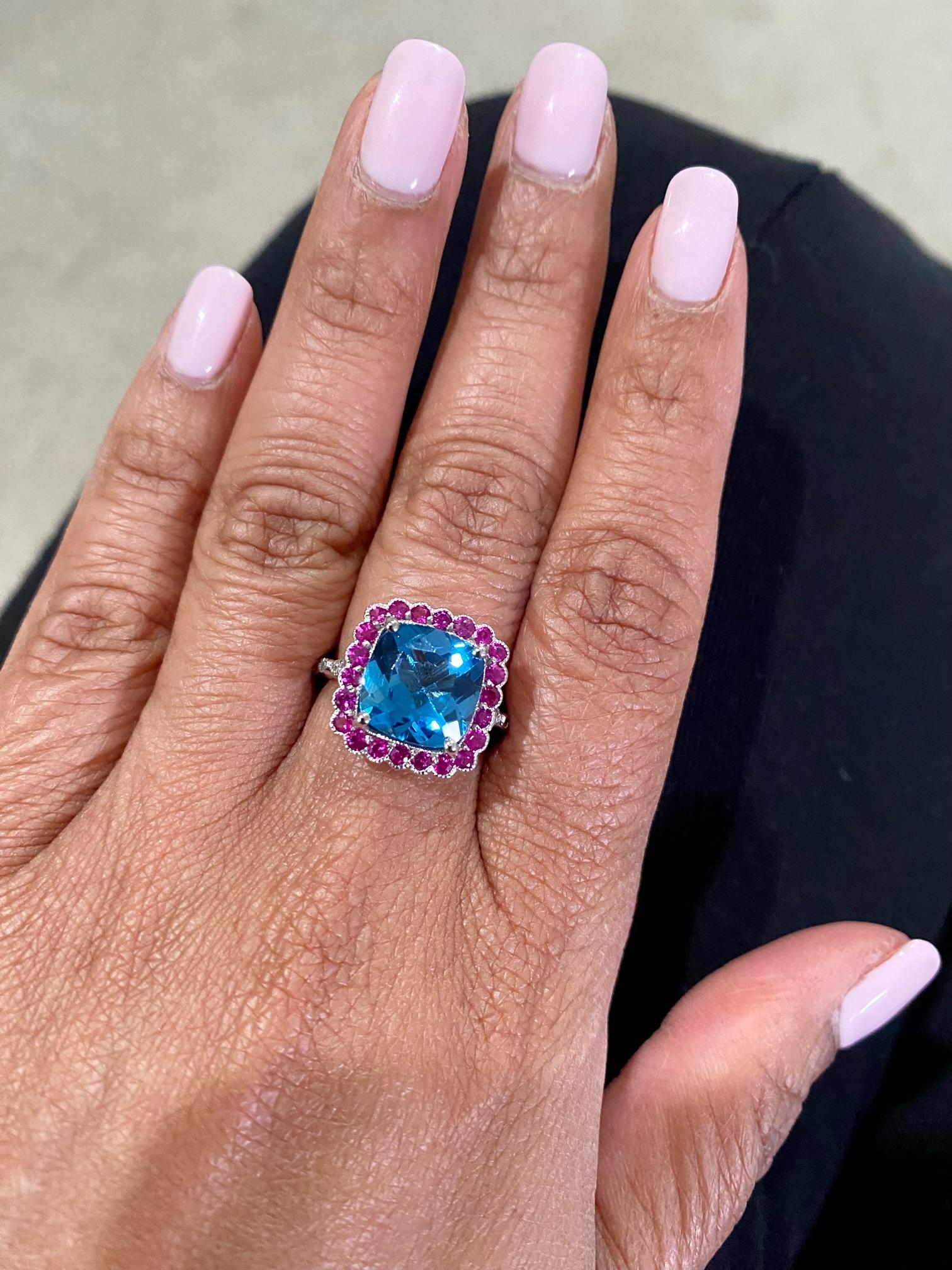 6.06 Carat Blue Topaz Pink Sapphire Diamond White Gold Engagement Ring In New Condition For Sale In Los Angeles, CA