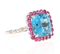 6.06 Carat Blue Topaz Pink Sapphire Diamond White Gold Engagement Ring
