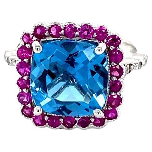 6.06 Carat Blue Topaz Pink Sapphire Diamond White Gold Engagement Ring For Sale