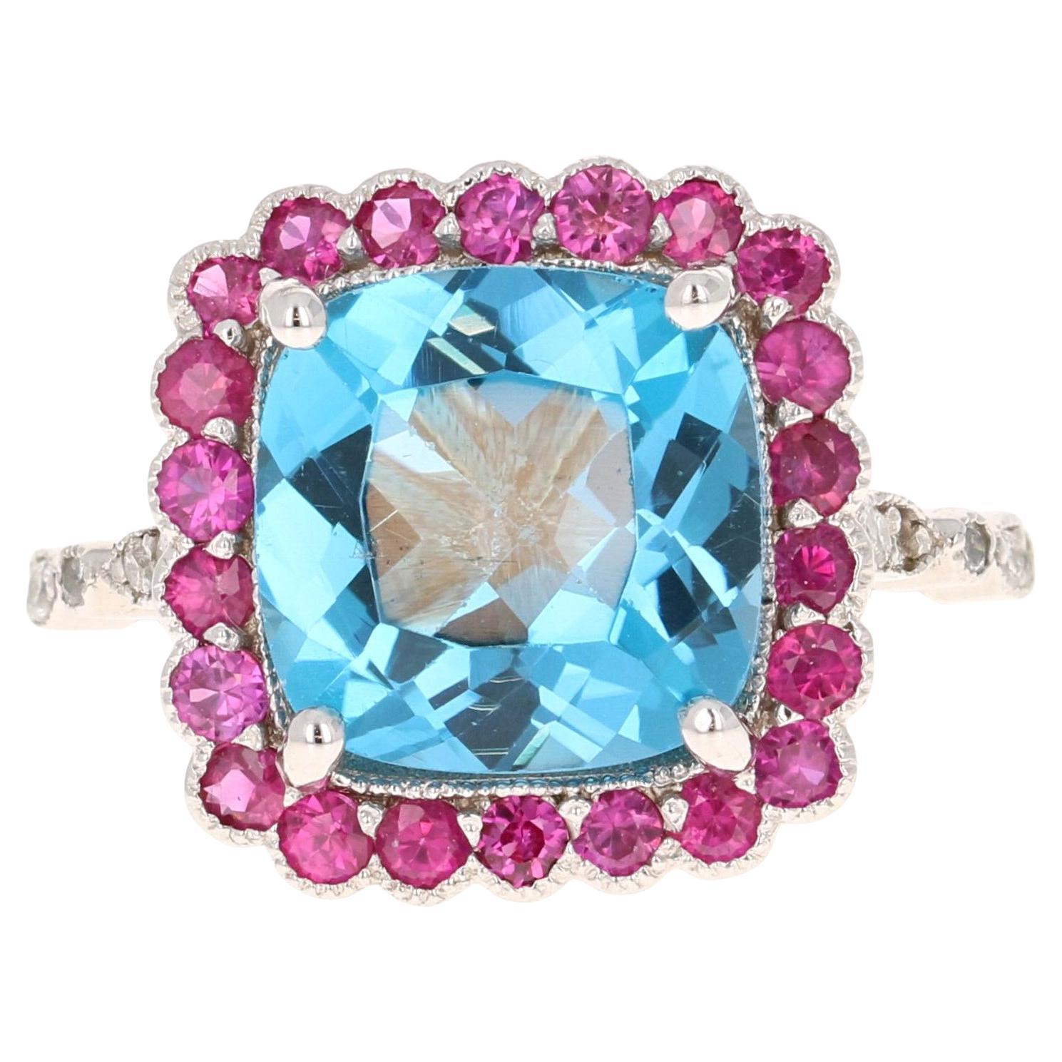 6.06 Carat Blue Topaz Pink Sapphire Diamond White Gold Engagement Ring