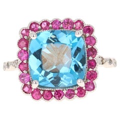 6.06 Carat Blue Topaz Pink Sapphire Diamond White Gold Engagement Ring