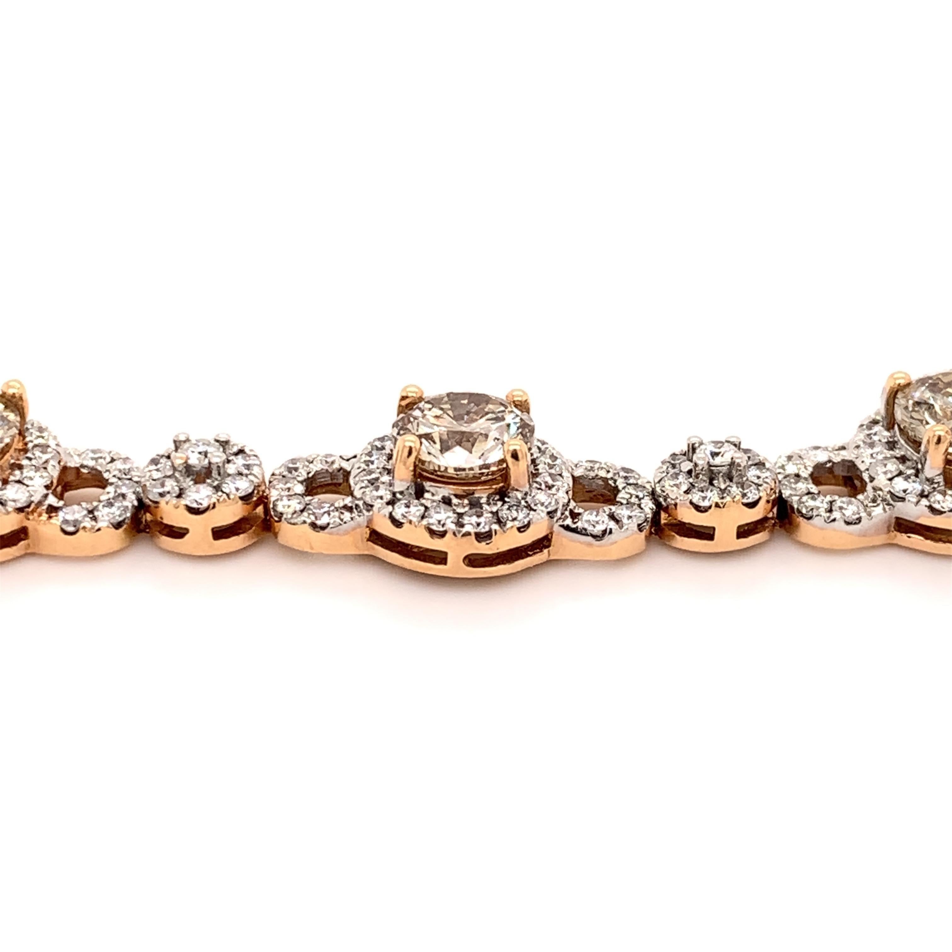 Glamorous fancy light brown diamond bracelet. Sparkling, round brilliant cut, natural 6.06 carats fancy light brown diamonds mounted in high profile basket with 4 bead prongs each, accented with round brilliant cut diamonds links. Beautiful