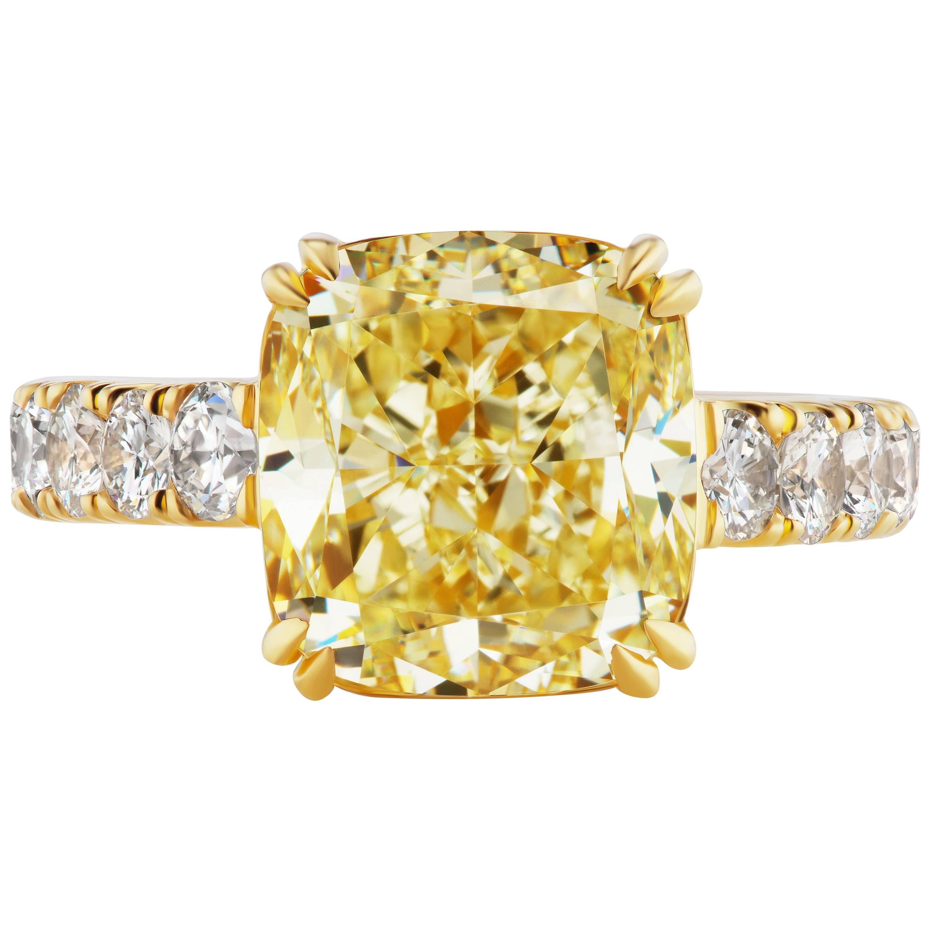 6.06 Carat Fancy Light Yellow Cushion Diamond Ring in Yellow Gold GIA