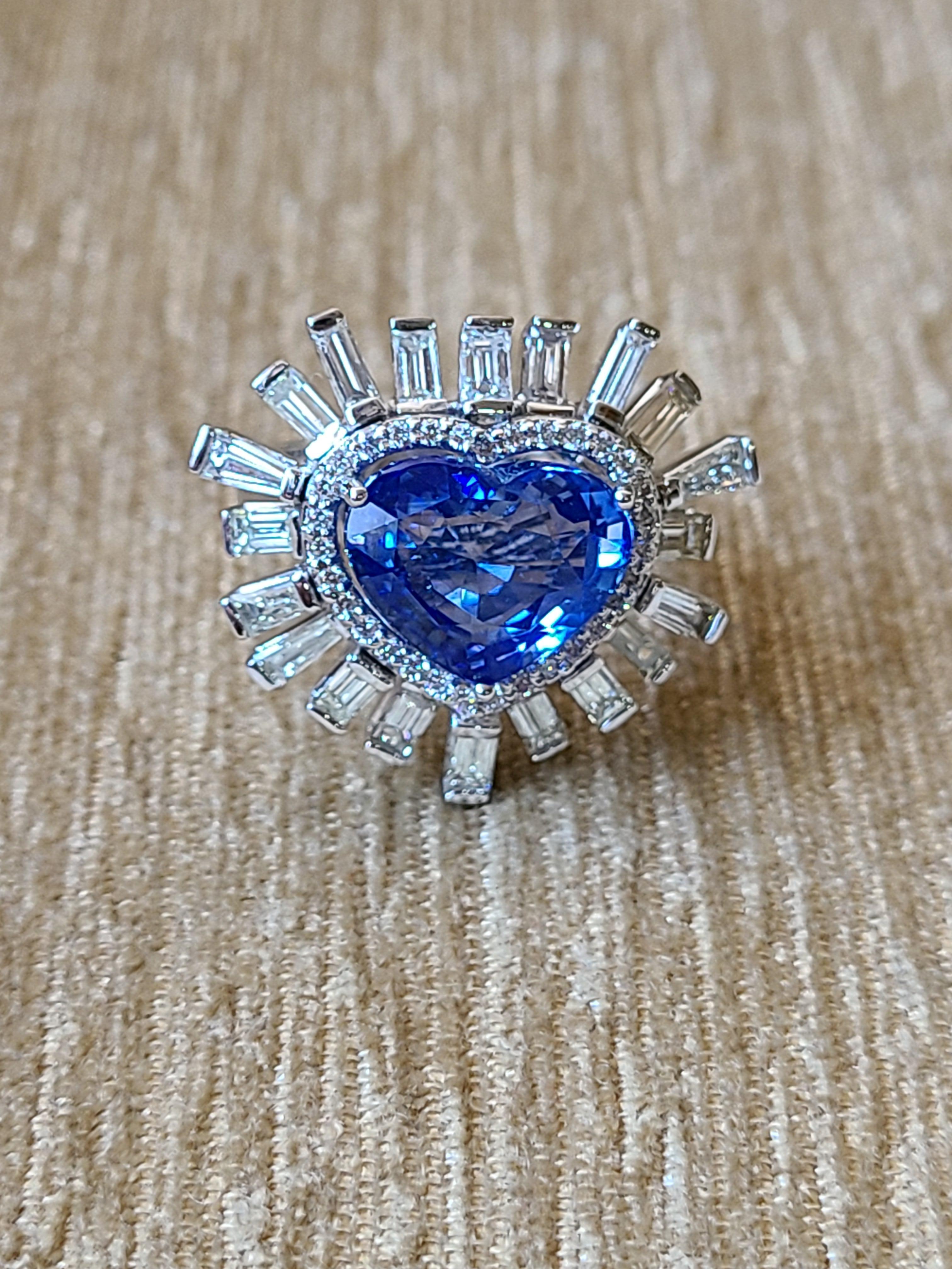 Modern 6.06 Carat Heart Shape Blue Sapphire and Diamond Ring Set in 18 Karat Gold