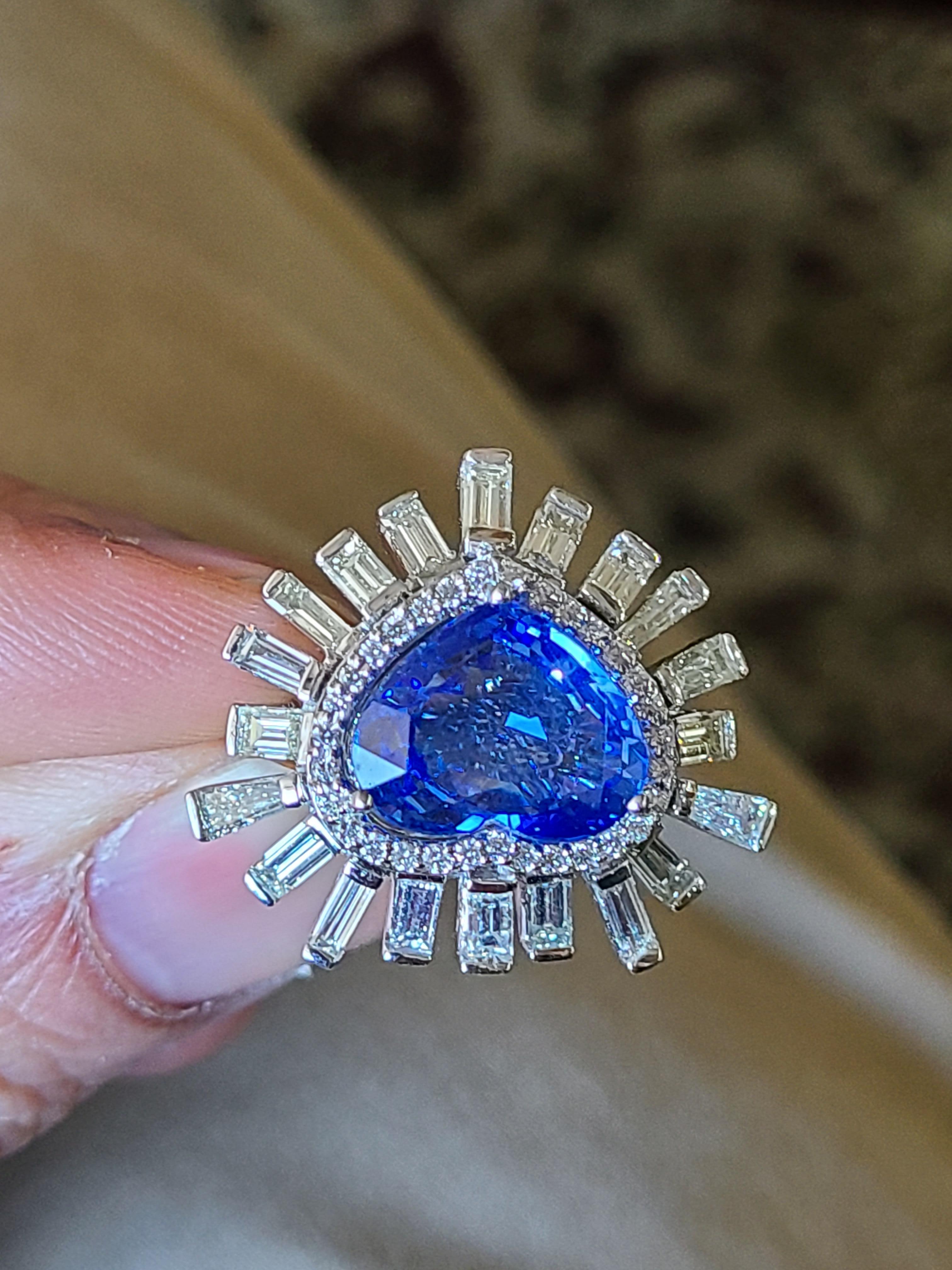 Women's or Men's 6.06 Carat Heart Shape Blue Sapphire and Diamond Ring Set in 18 Karat Gold