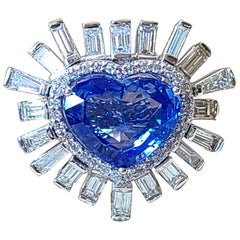 6.06 Carat Heart Shape Blue Sapphire and Diamond Ring Set in 18 Karat Gold