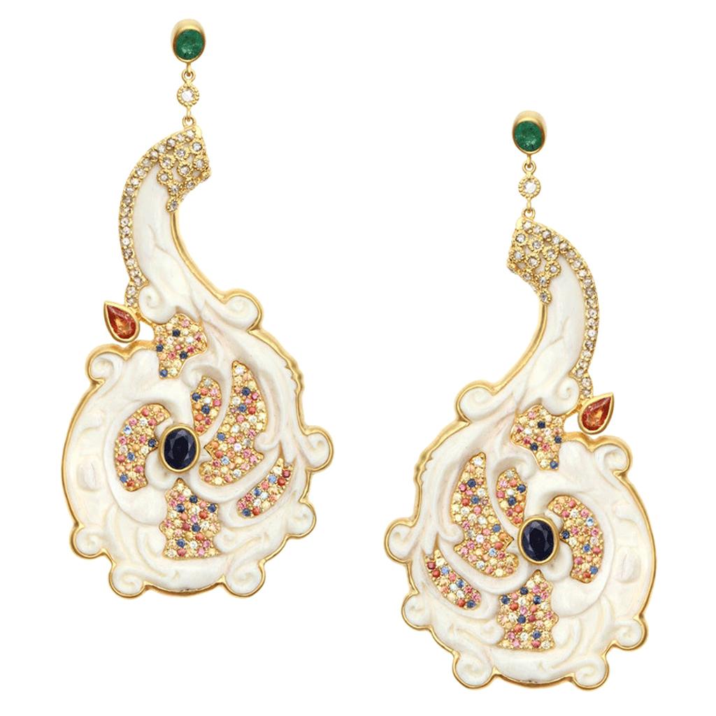 6.06 Carat Multi-Sapphire Hand Carved Bone Drop Earrings