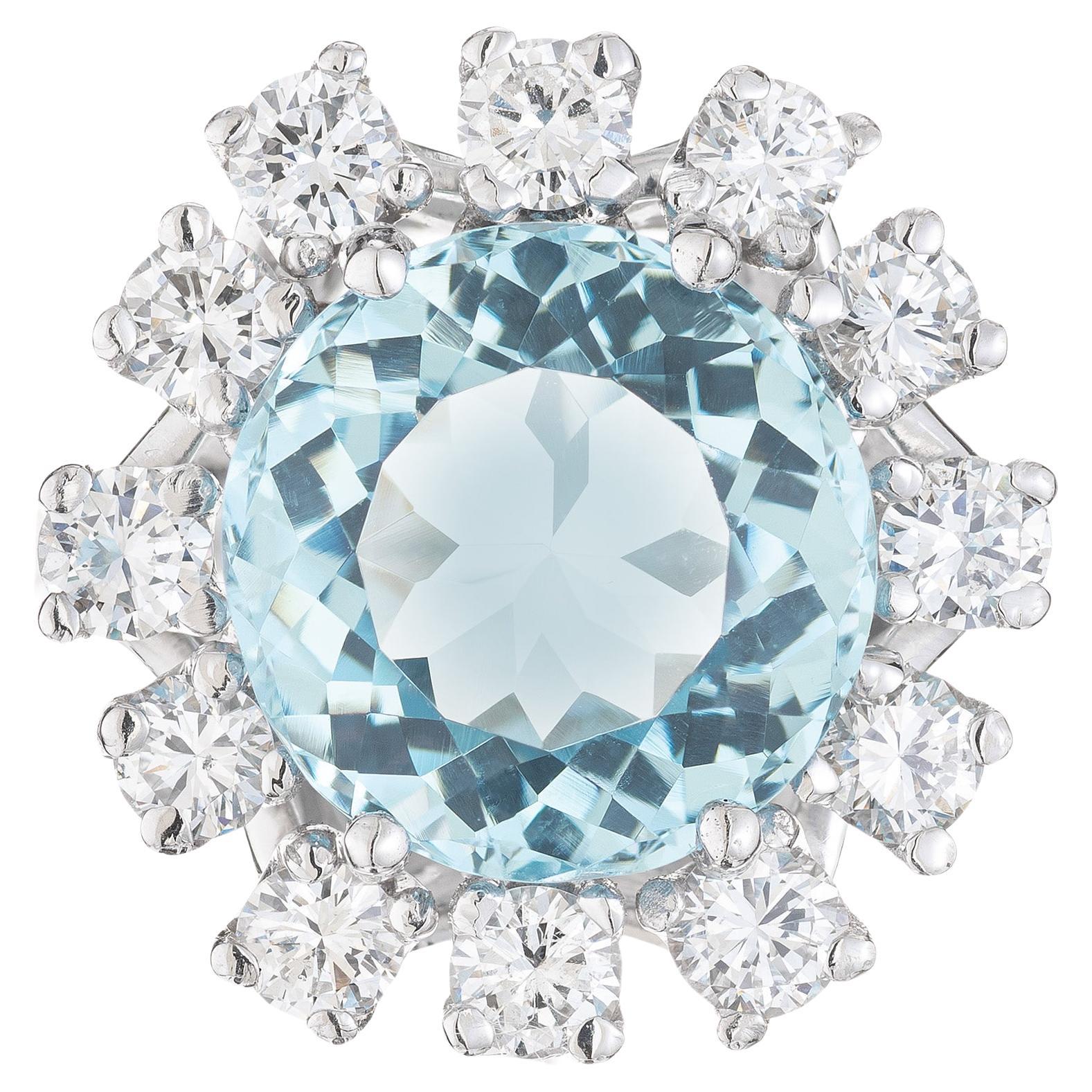 6.06 Carat Round Aquamarine Diamond Halo White Gold Cocktail Ring