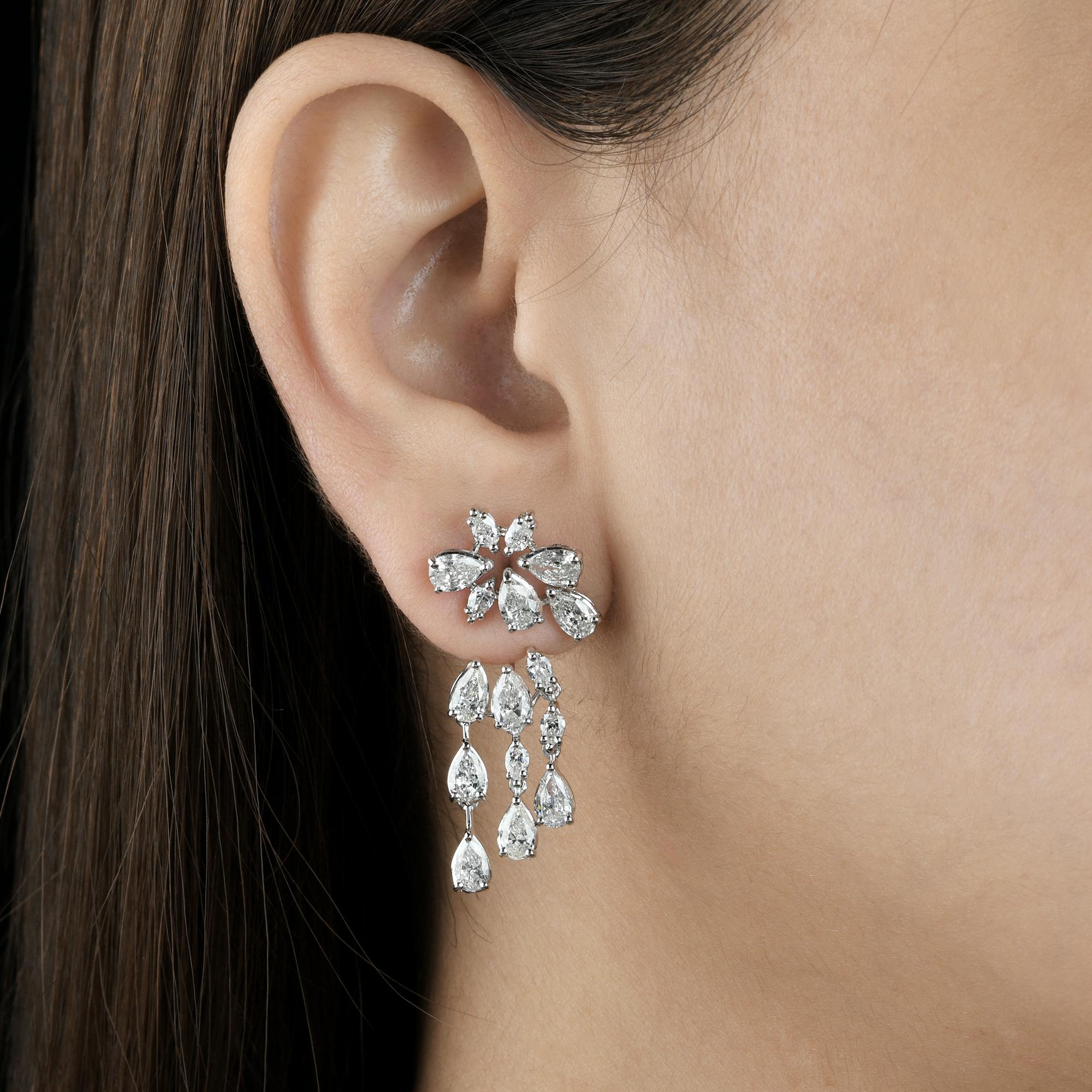 Pear Cut 6.06 Carat SI Clarity HI Color Pear Diamond Jacket Earrings 14 Karat White Gold For Sale