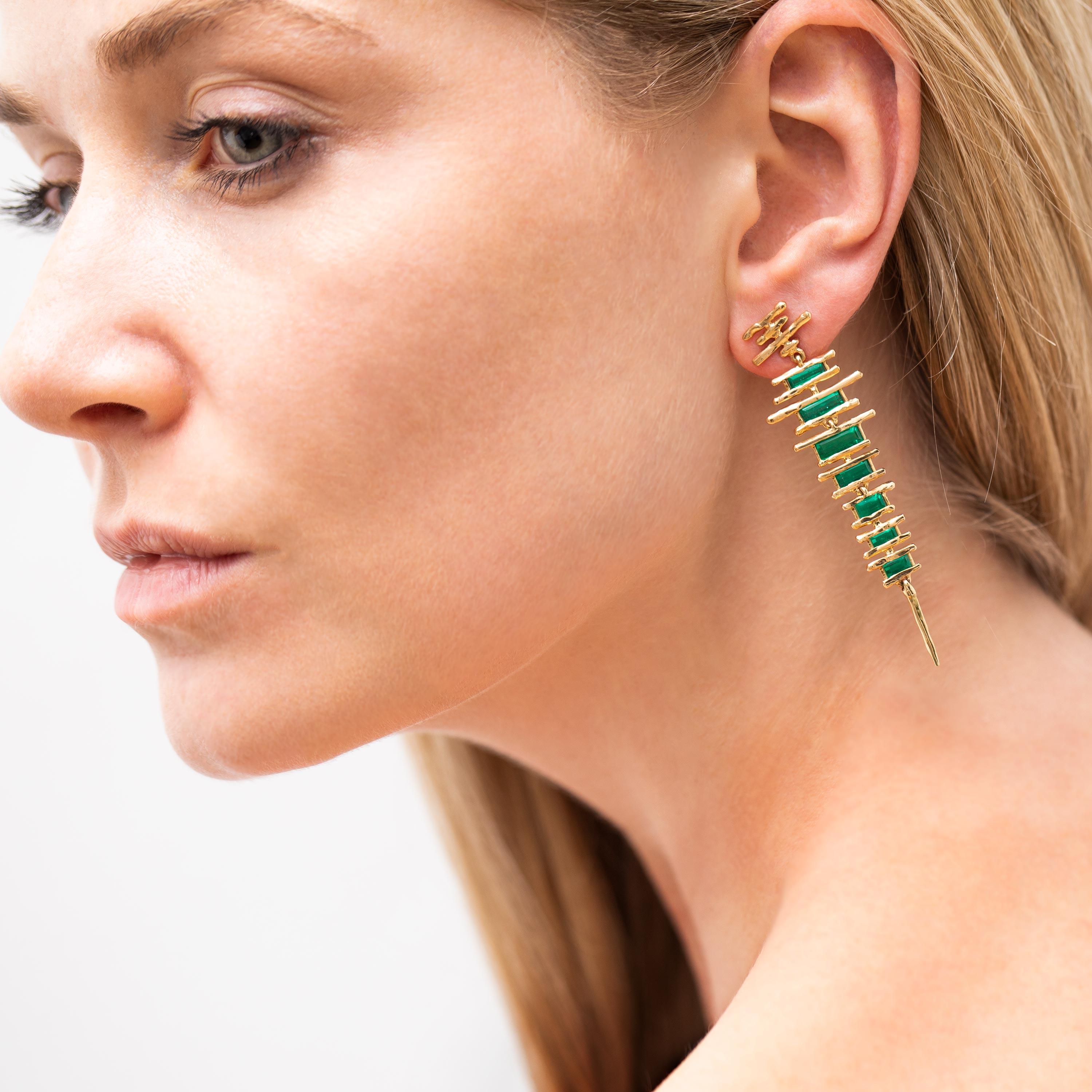 Contemporary 6.06 Carat Tribal Handmade Green Emerald Pink Gold Earrings For Sale
