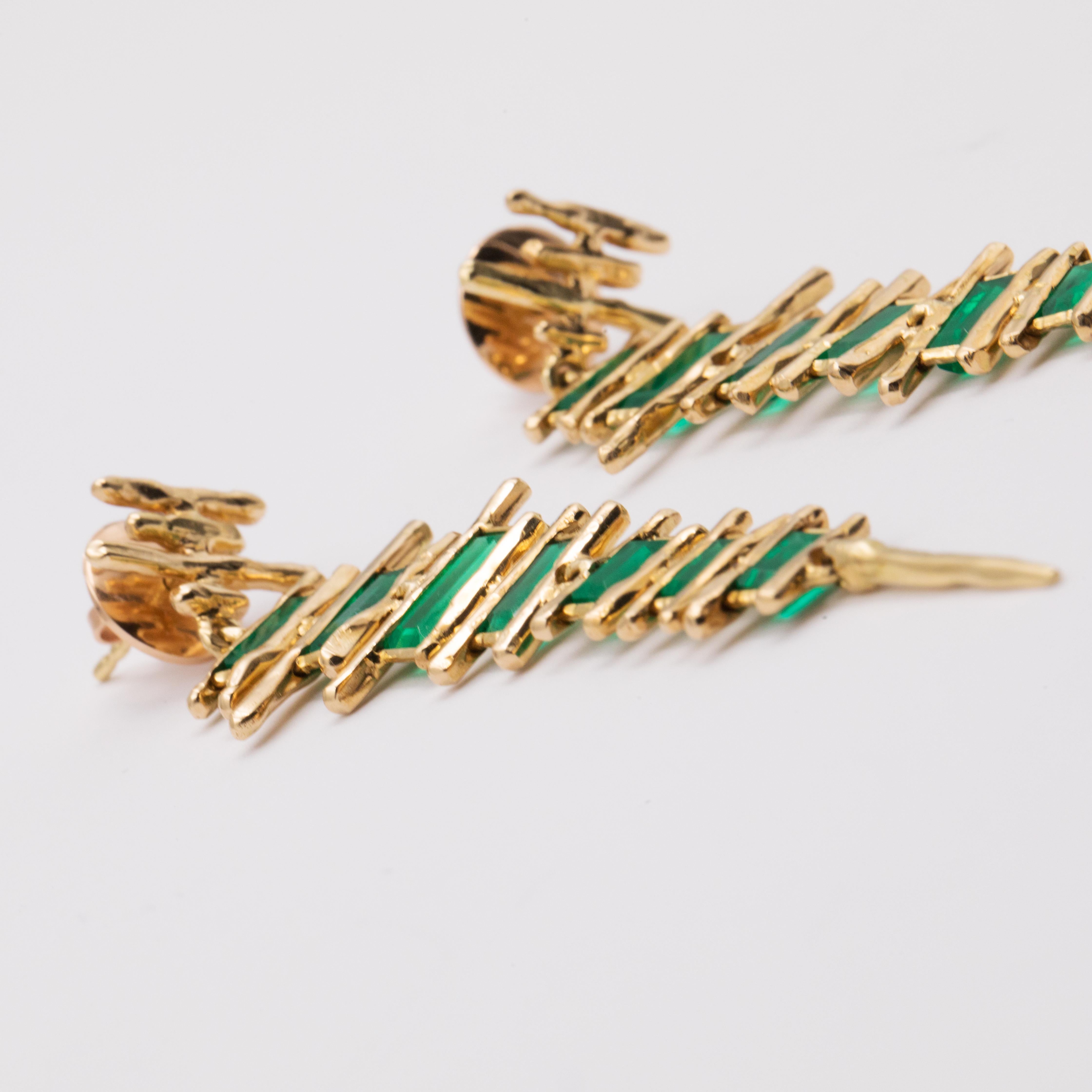 Emerald Cut 6.06 Carat Tribal Handmade Green Emerald Pink Gold Earrings For Sale
