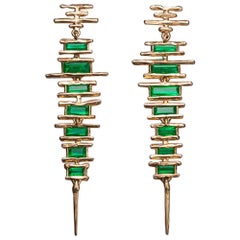 6.06 Carat Tribal Handmade Green Emerald Pink Gold Earrings