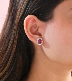 6.06 CTW Natural Ruby Diamond Halo Women Stud Earrings 14 Karat White Gold