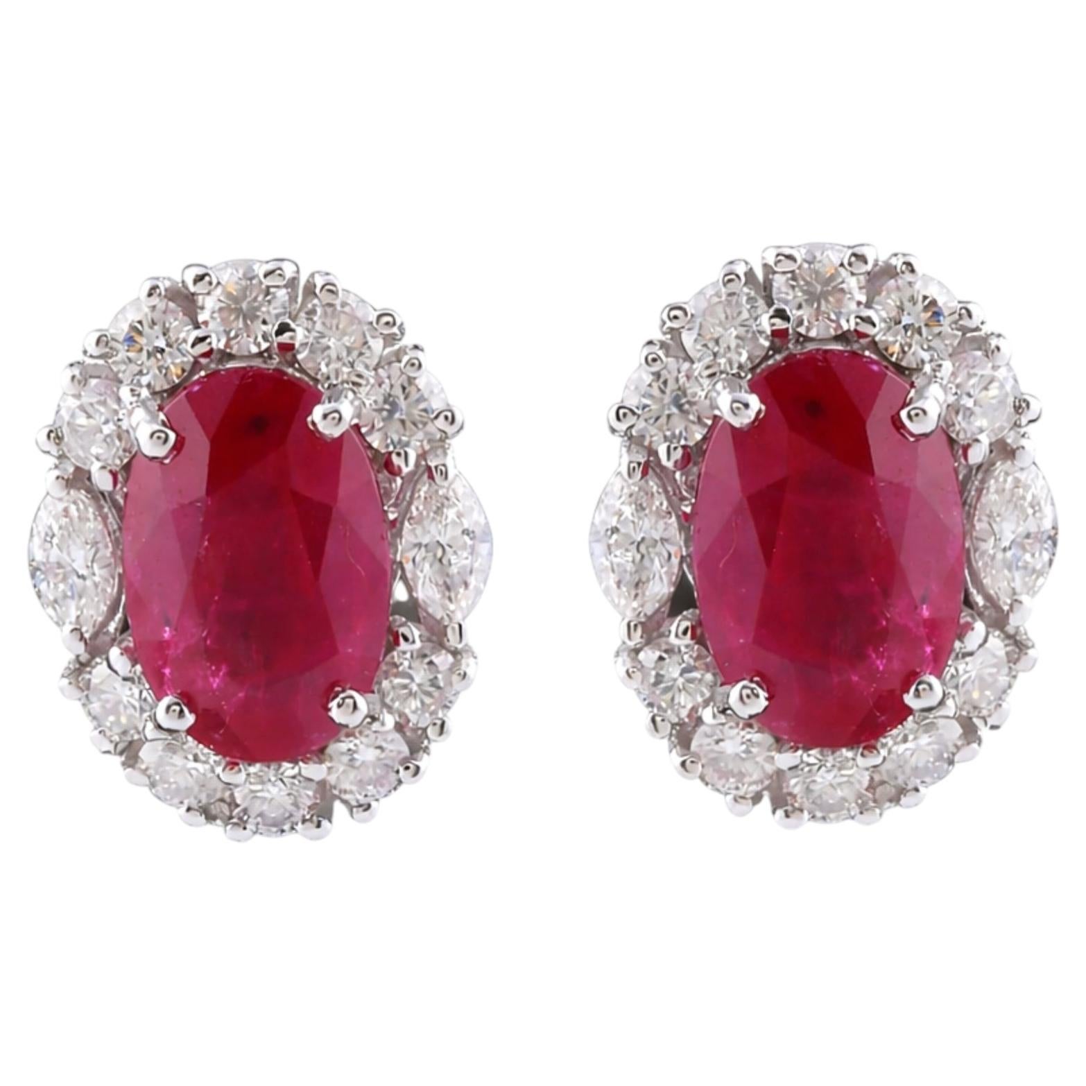 6.06 CTW Oval Natural Ruby Studs Halo Diamond Bride Earrings 18 Karat White Gold