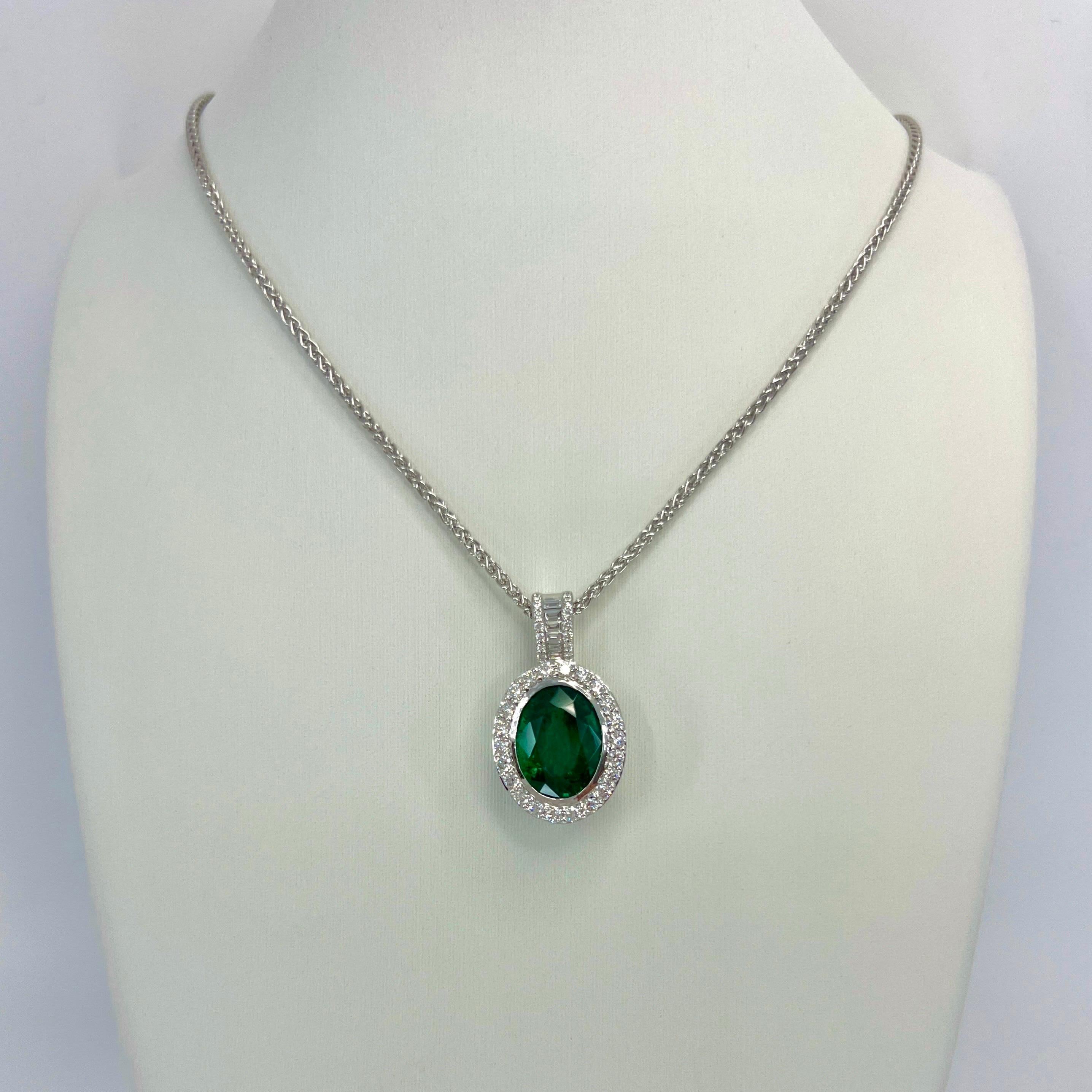 6.06ct GIA Certified Oval Cut Emerald & Diamond 18k White Gold Pendant Necklace For Sale 6