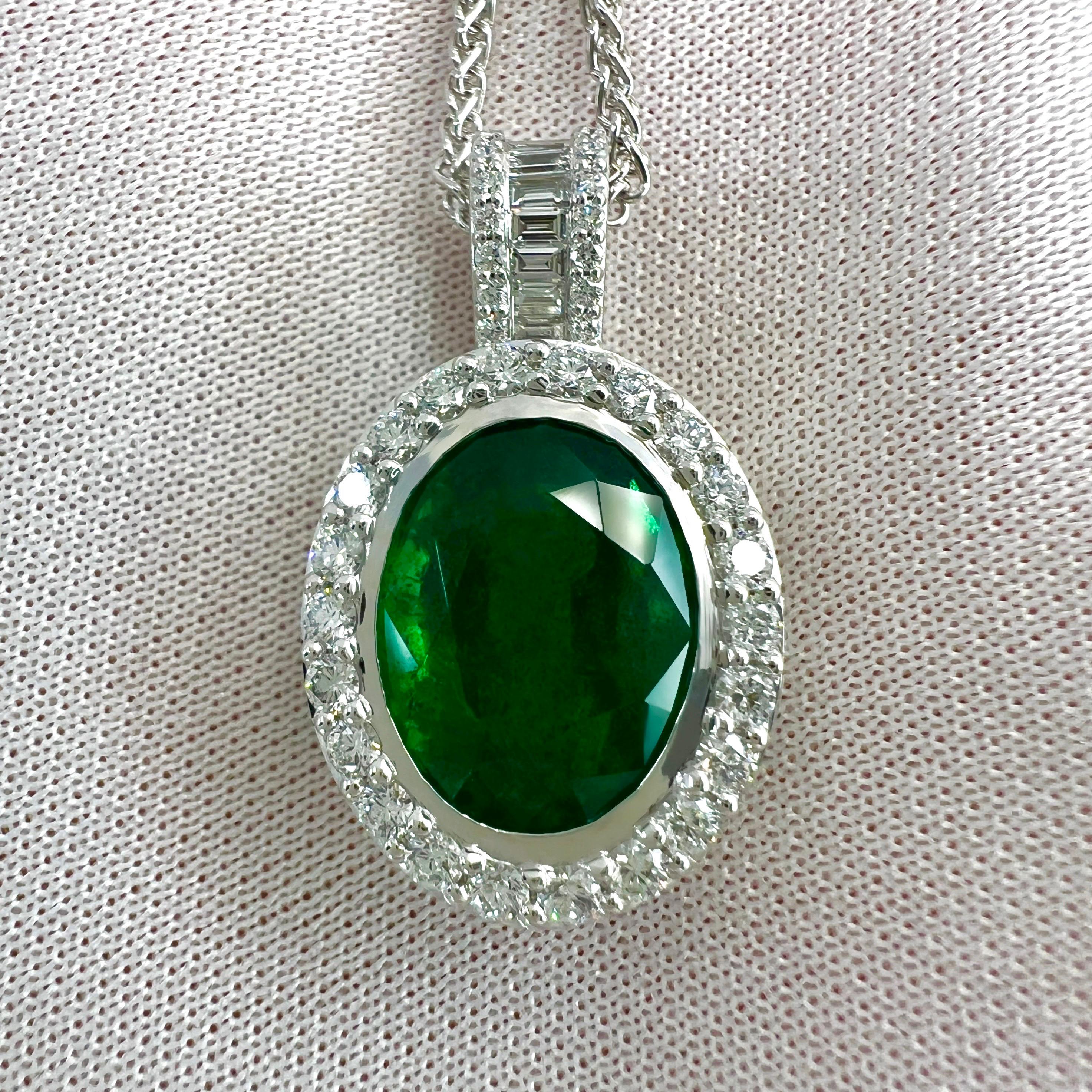 6.06ct GIA Certified Oval Cut Emerald & Diamond 18k White Gold Pendant Necklace For Sale 7