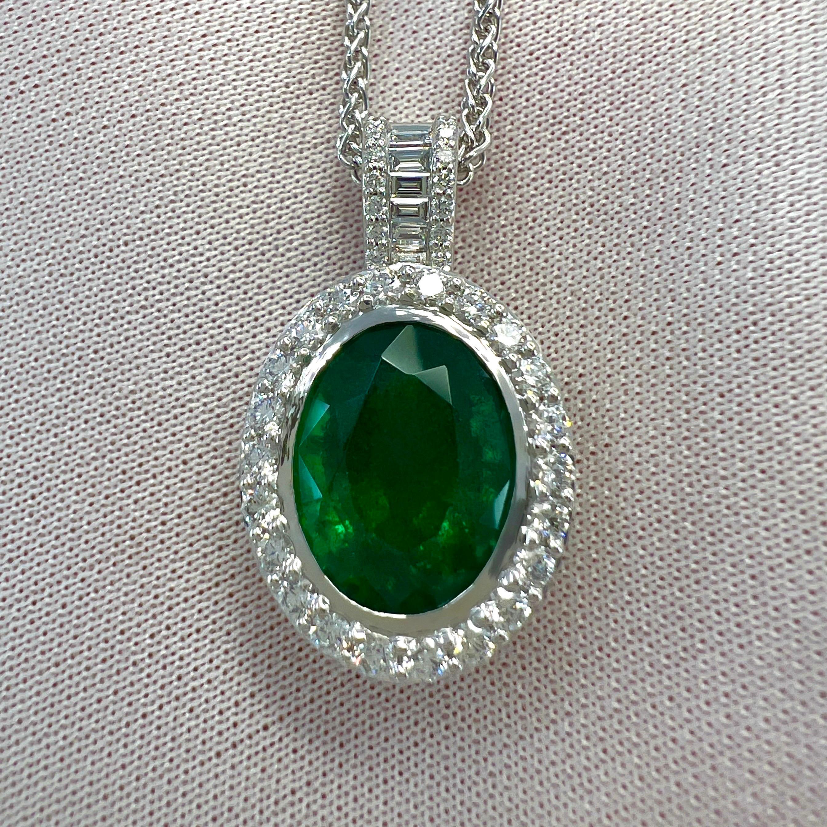 6.06ct GIA Certified Oval Cut Emerald & Diamond 18k White Gold Pendant Necklace For Sale 1