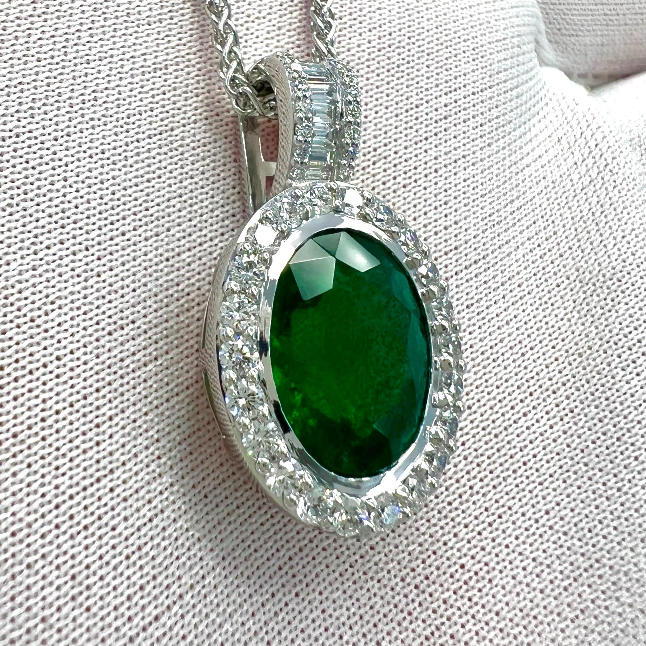6.06ct GIA Certified Oval Cut Emerald & Diamond 18k White Gold Pendant Necklace For Sale 2