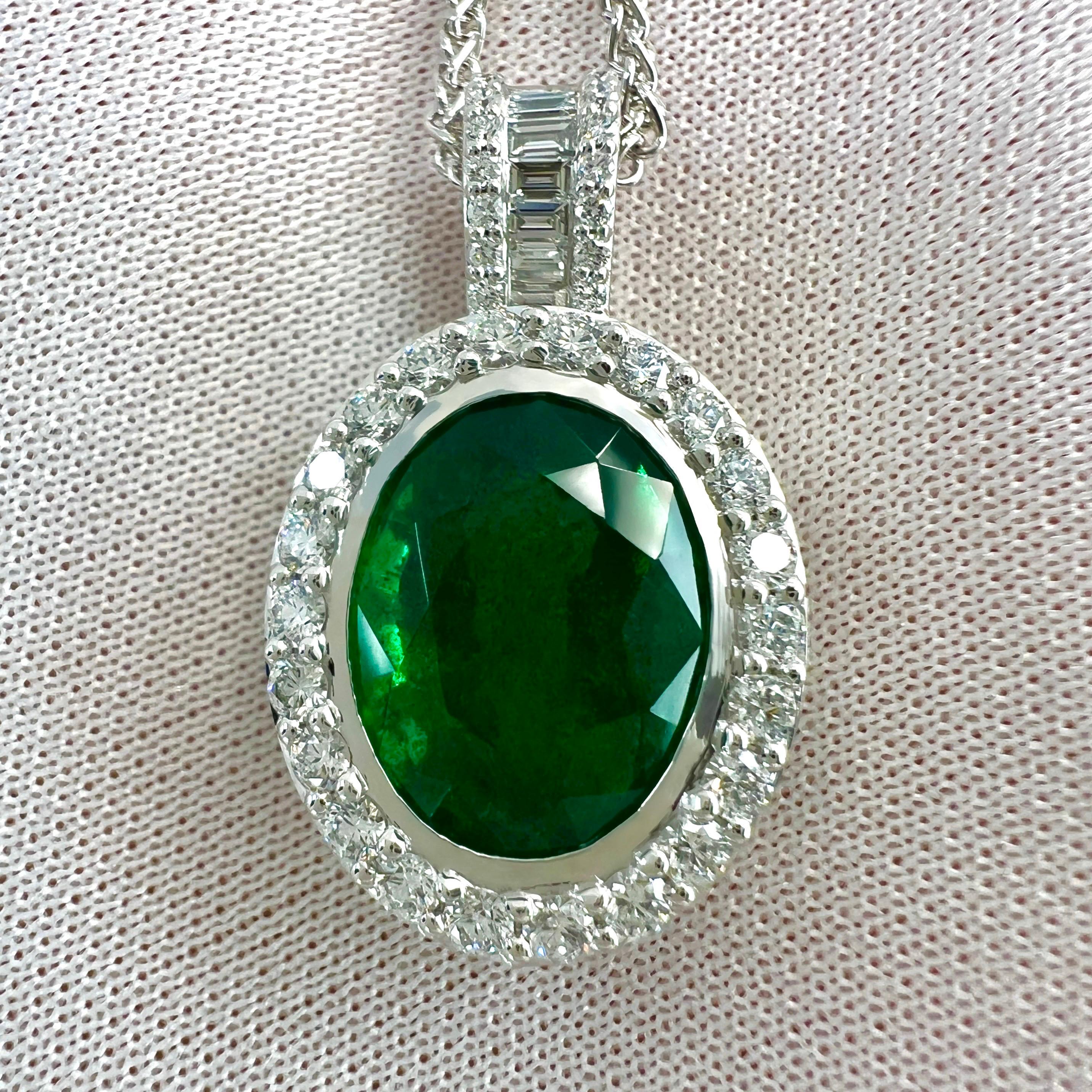 6.06ct GIA Certified Oval Cut Emerald & Diamond 18k White Gold Pendant Necklace For Sale 4