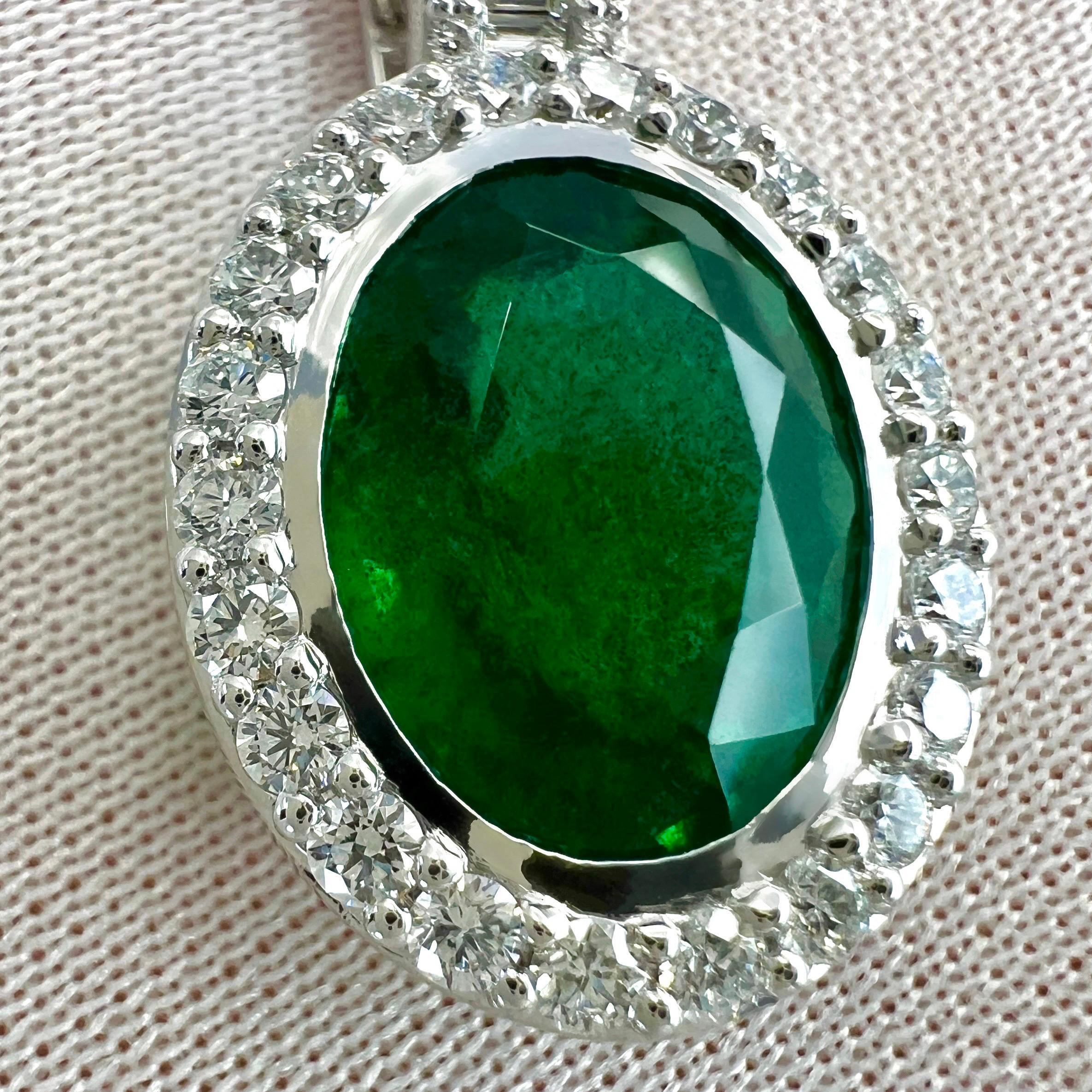 6.06ct GIA Certified Oval Cut Emerald & Diamond 18k White Gold Pendant Necklace For Sale 5