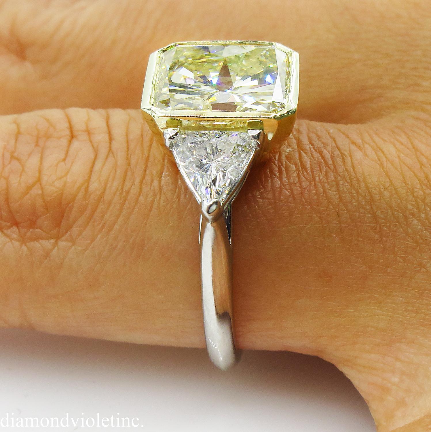 6.06 Carat Vintage Yellow Radiant Diamond 3-Stone Wedding Platinum EGL US 7
