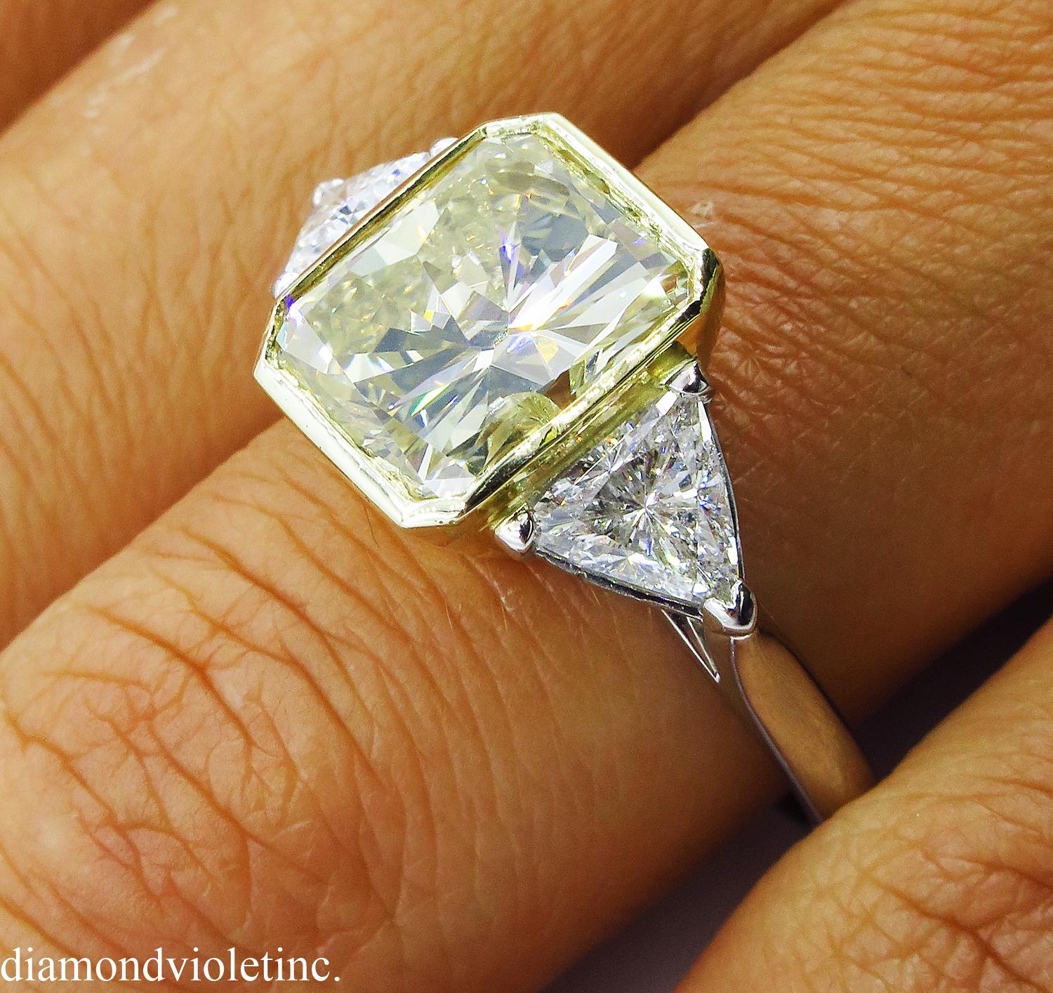 6.06 Carat Vintage Yellow Radiant Diamond 3-Stone Wedding Platinum EGL US 8