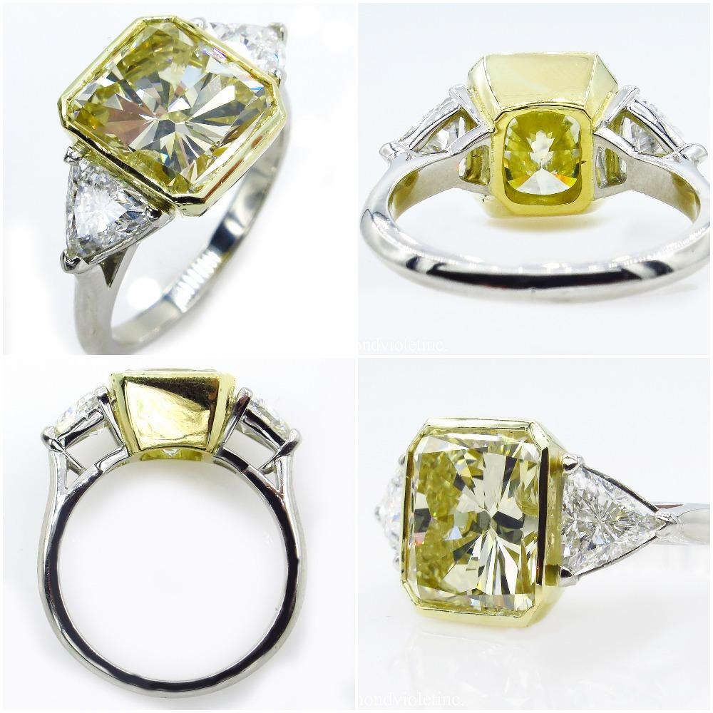 Radiant Cut 6.06 Carat Vintage Yellow Radiant Diamond 3-Stone Wedding Platinum EGL US
