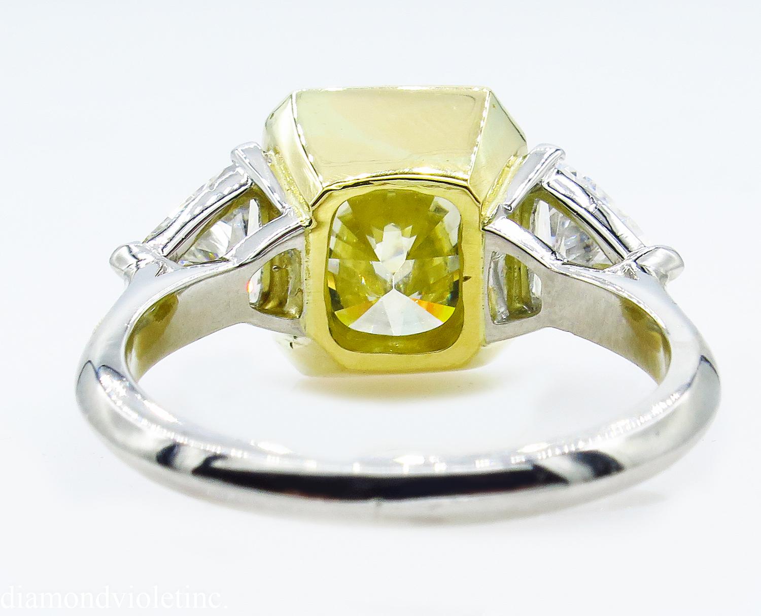 Women's or Men's 6.06 Carat Vintage Yellow Radiant Diamond 3-Stone Wedding Platinum EGL US