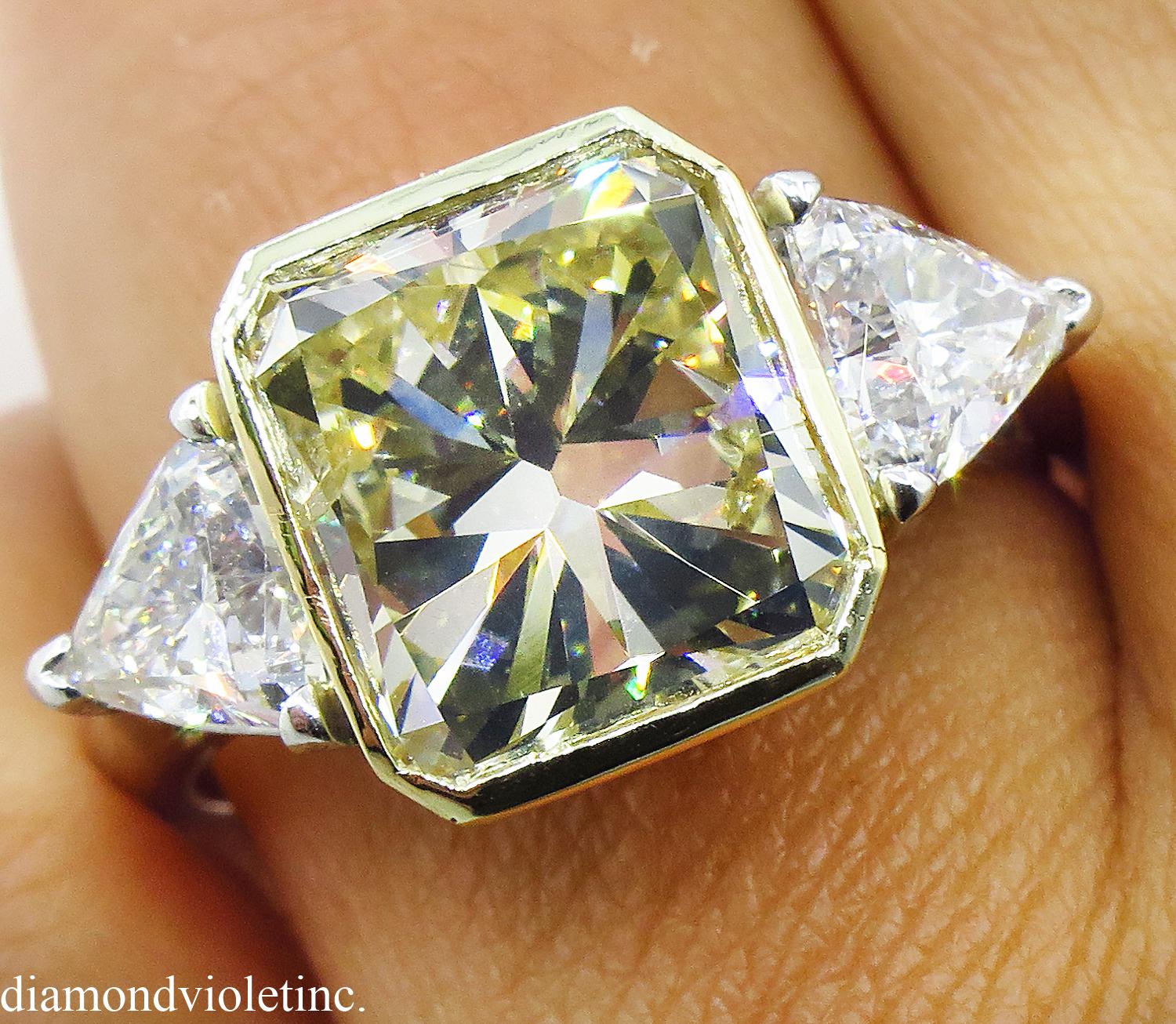 6.06 Carat Vintage Yellow Radiant Diamond 3-Stone Wedding Platinum EGL US 2