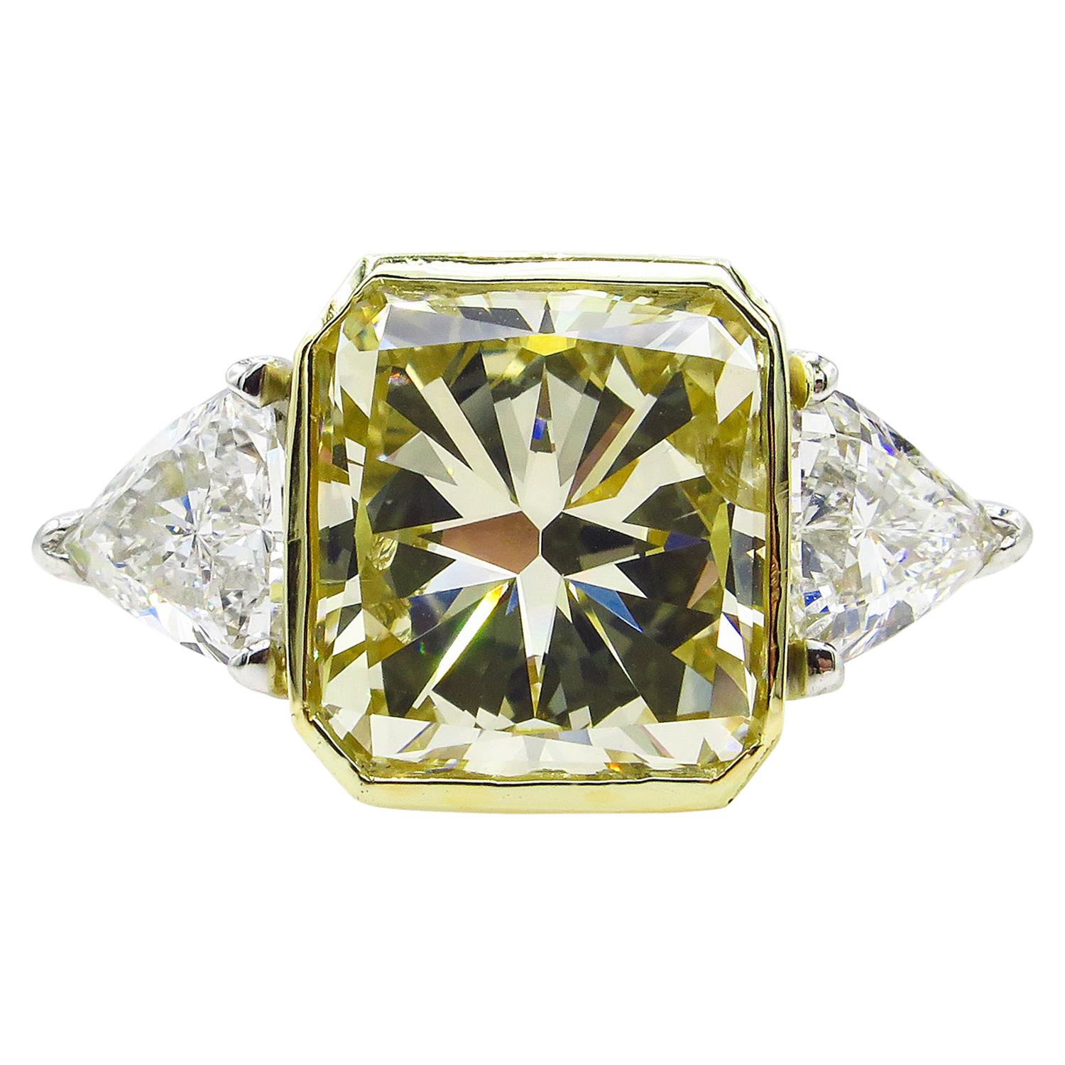 6.06 Carat Vintage Yellow Radiant Diamond 3-Stone Wedding Platinum EGL US