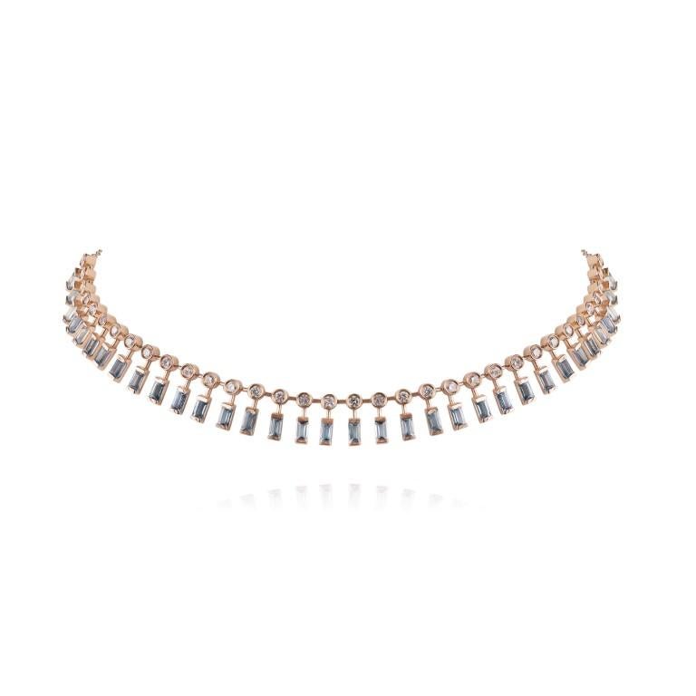 Our choker necklace with Aquamarines, total weight 6.07 carat harmoniously complemented by 1.68 carat of round diamonds, all set in rose gold. 