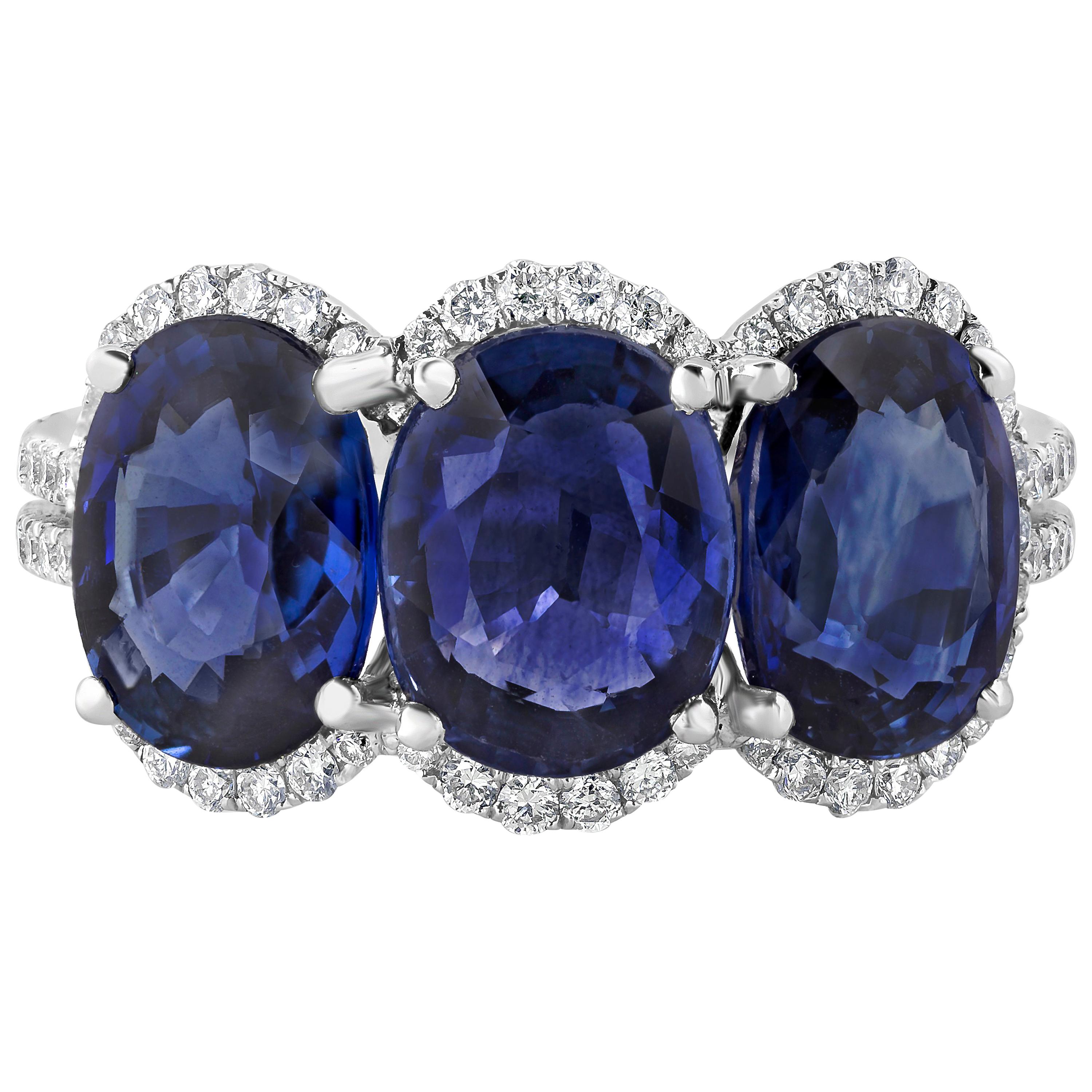 Roman Malakov 6.07 Carats Total Oval Cut Blue Sapphire Three Stone Cocktail Ring For Sale