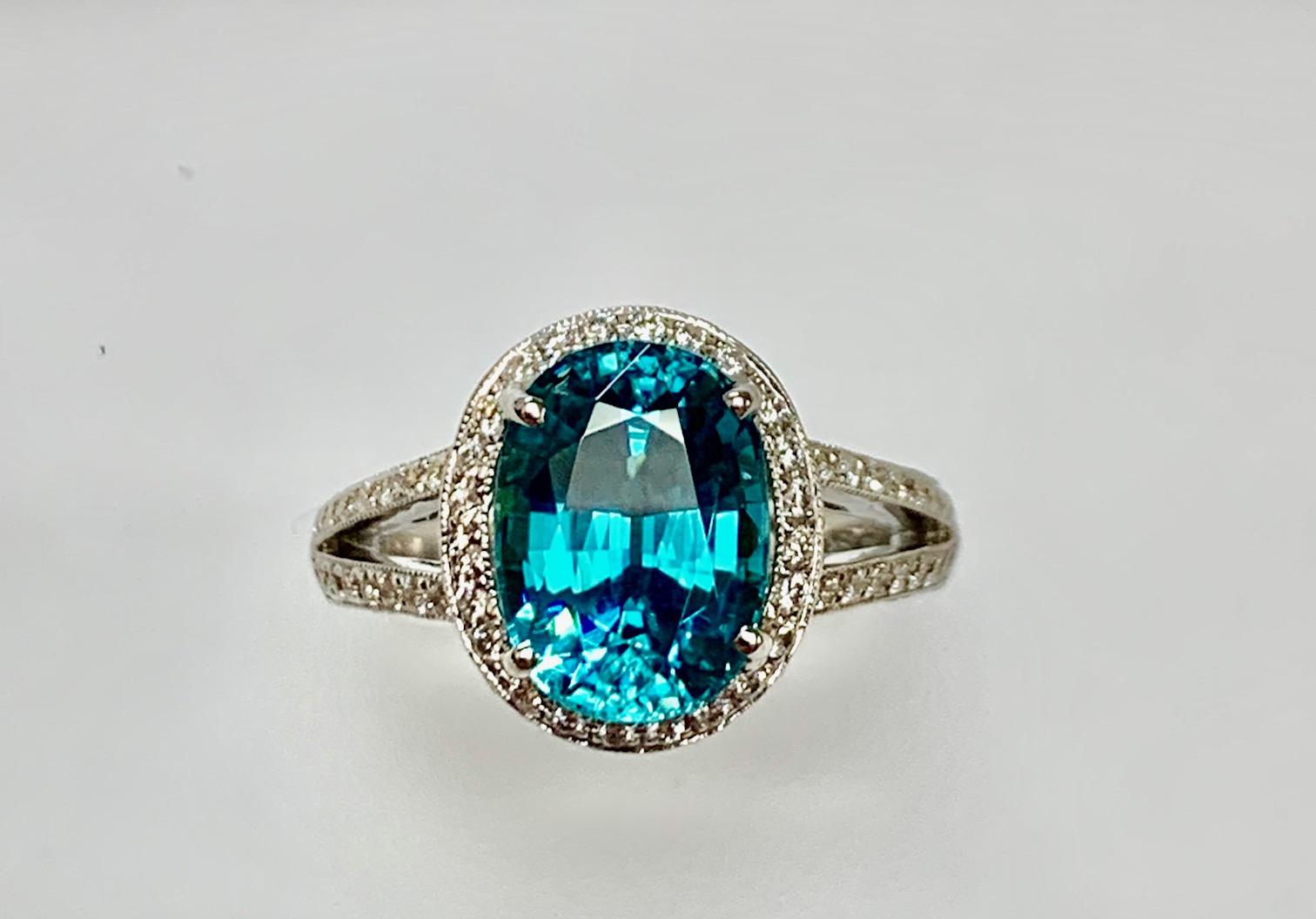 Oval Cut 6.07 Carat Blue Zircon Diamond Cocktail Ring For Sale