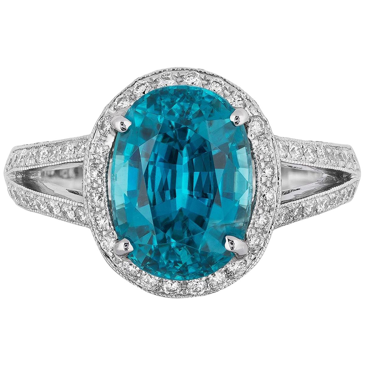 6.07 Carat Blue Zircon Diamond Cocktail Ring For Sale