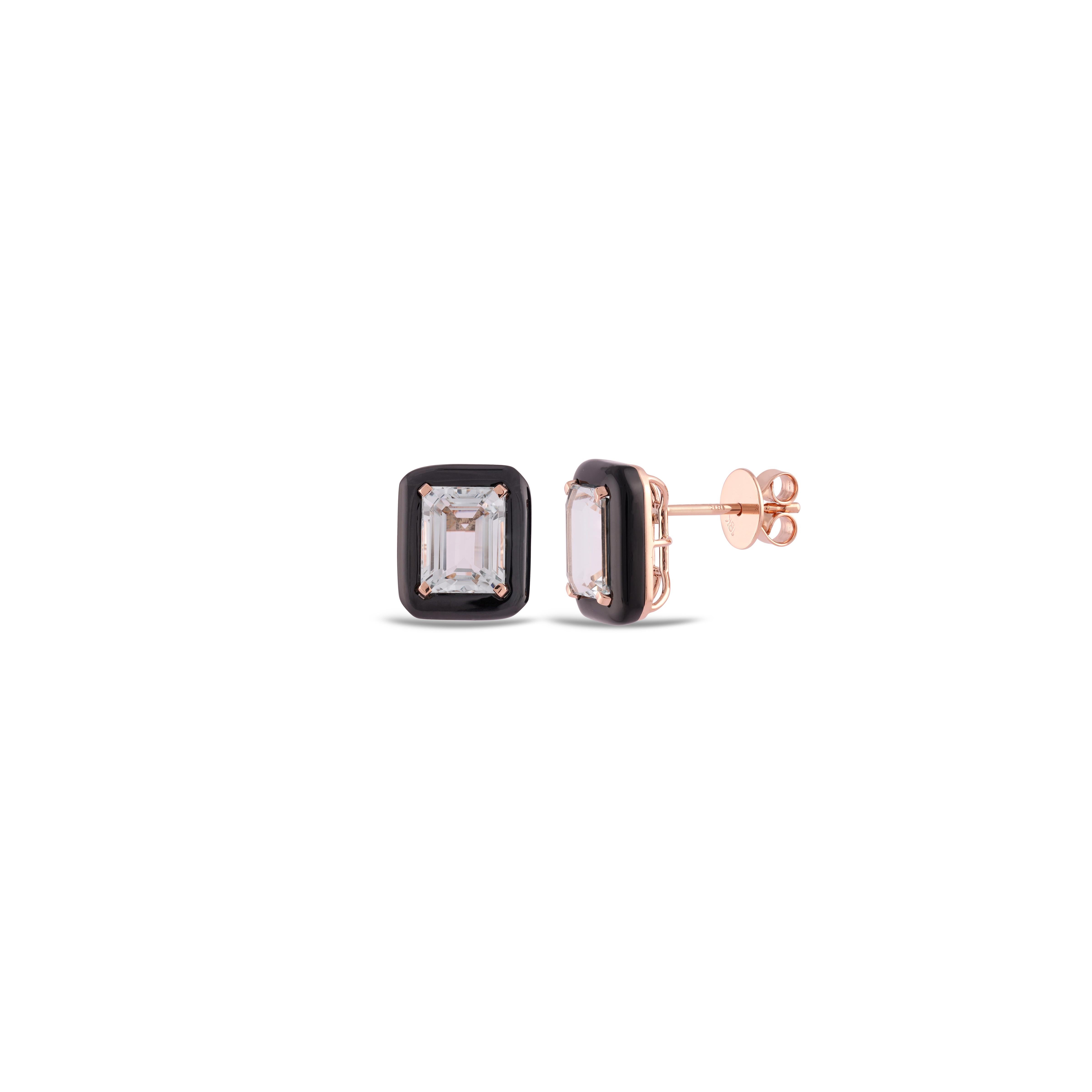 Modernist 6.07 Carat Clear Aquamarine & Black Onyx Earring Studs in 18k Solid Rose Gold For Sale