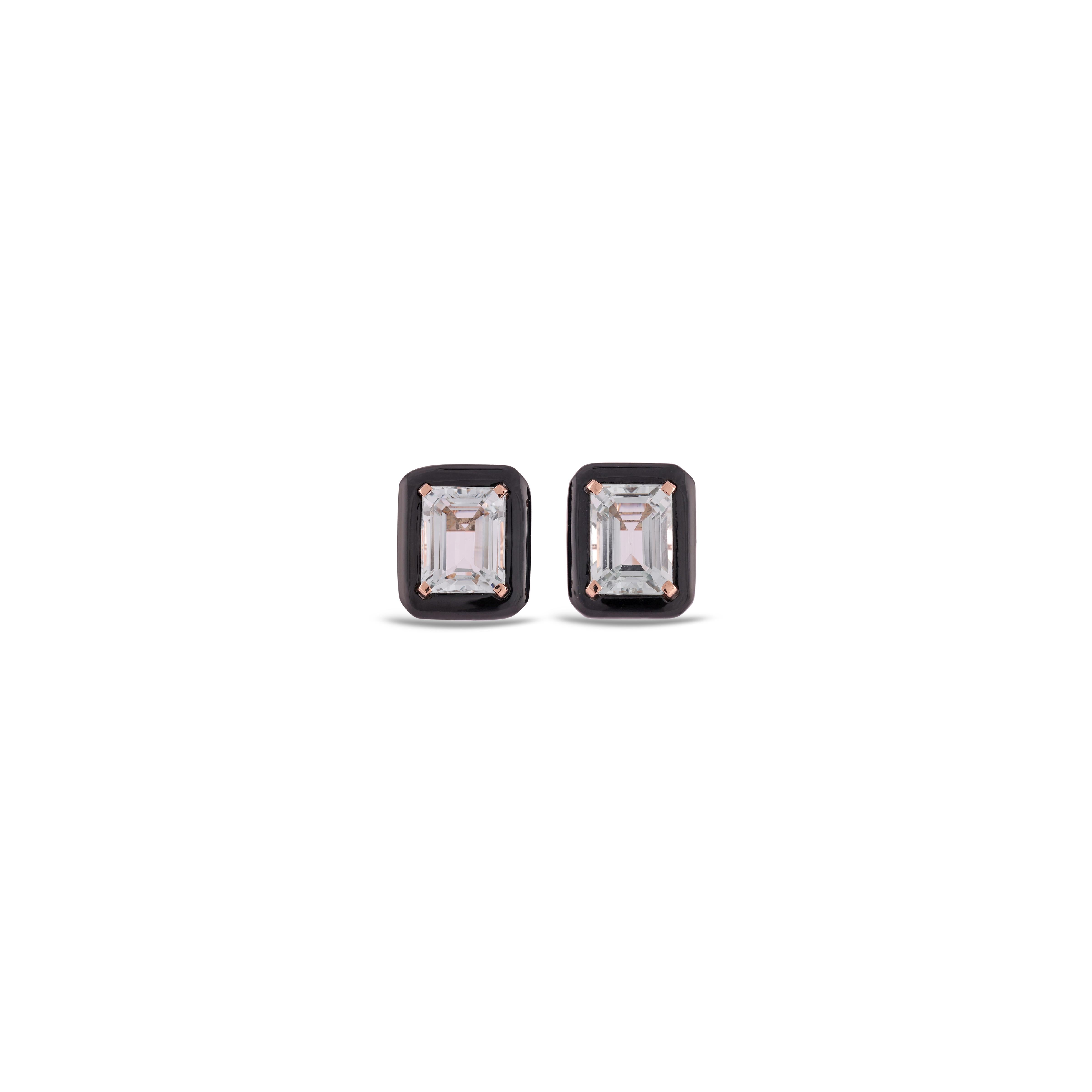 Cushion Cut 6.07 Carat Clear Aquamarine & Black Onyx Earring Studs in 18k Solid Rose Gold For Sale