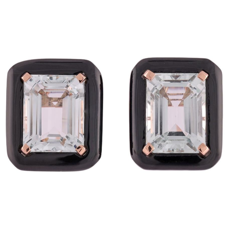 6.07 Carat Clear Aquamarine & Black Onyx Earring Studs in 18k Solid Rose Gold For Sale