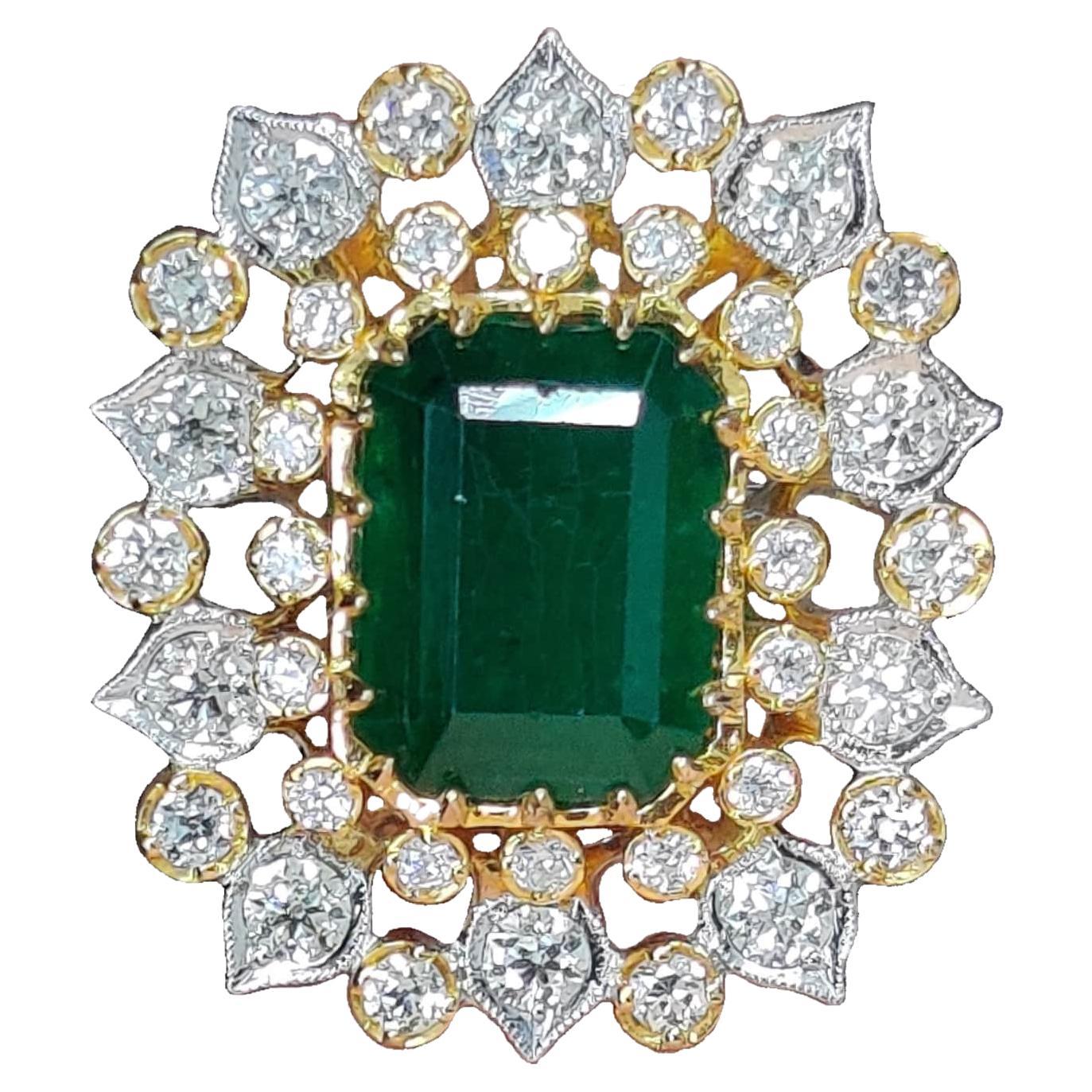 6.07 Ct Zambian Emerald, 1.51 Ct Old Mine Cut Diamonds, 18K Gold Statement Ring