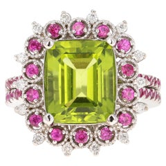 6.07 Carat Peridot Sapphire Diamond 14 Karat White Gold Ring