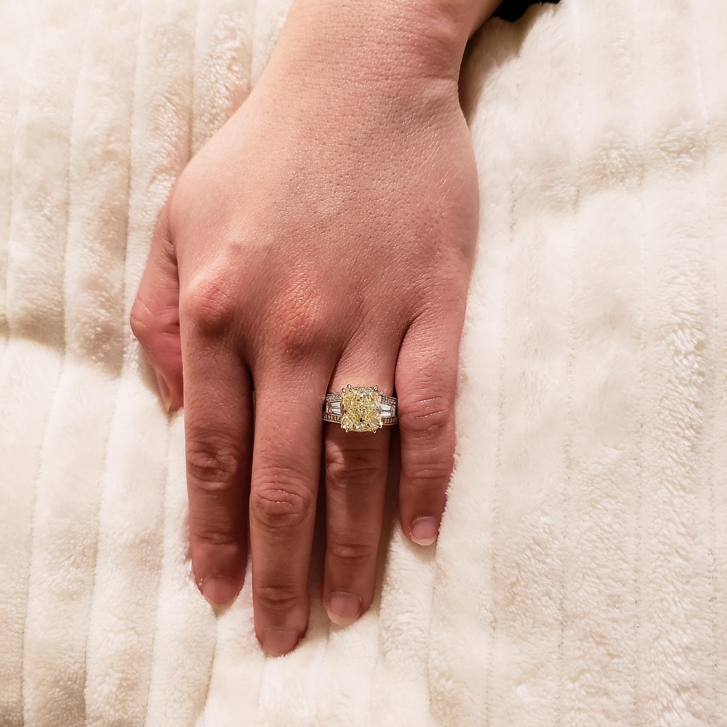Women's 6.07 Carat Radiant Cut Yellow Diamond Three-Stone Engagement Ring For Sale
