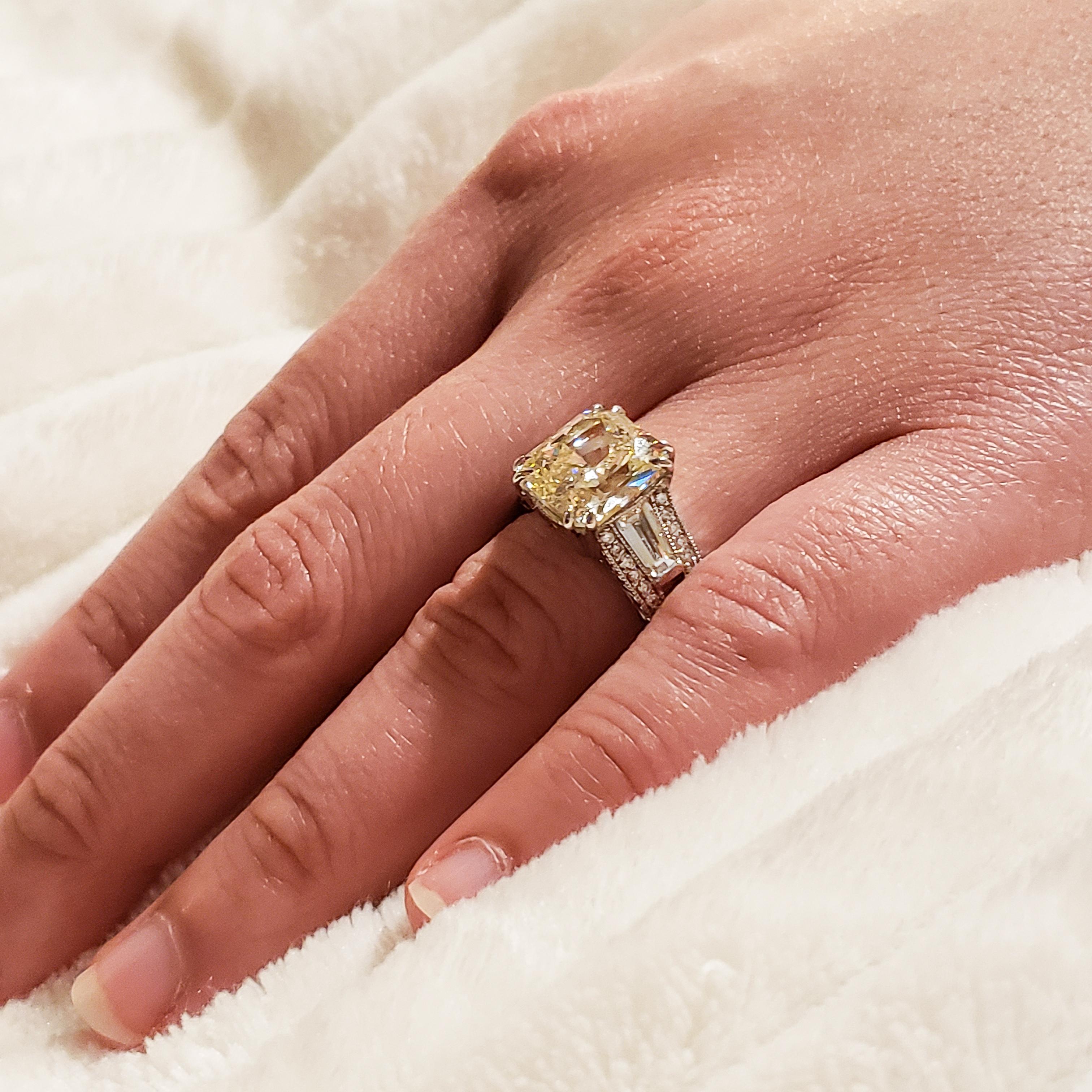 6.07 Carat Radiant Cut Yellow Diamond Three-Stone Engagement Ring For Sale 2