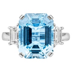 6.07 Carats Emerald Cut Blue Aquamarine & Diamond Three Stone Engagement Ring