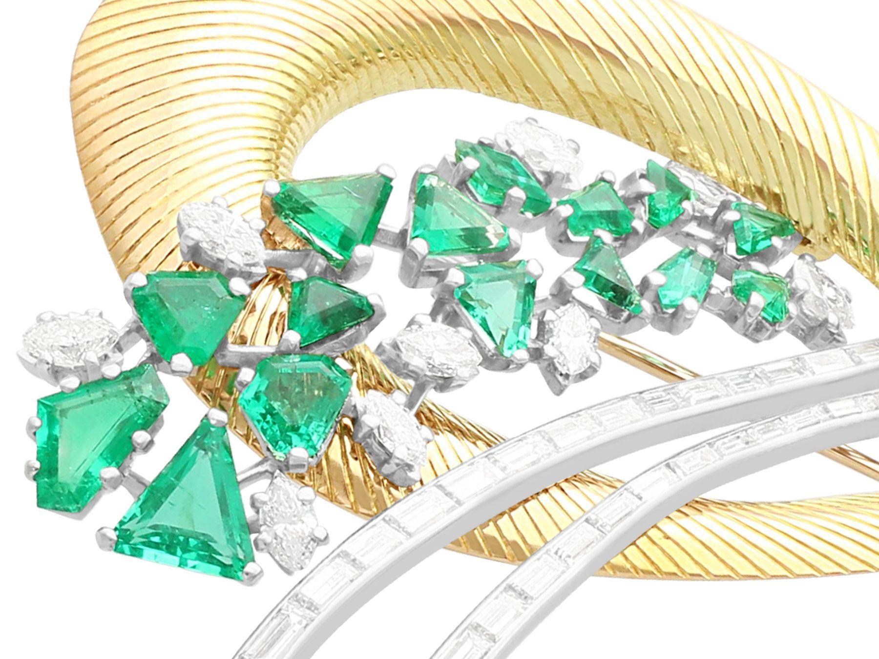 Baguette Cut 6.07 Carat Emerald and 4.05 Carat Diamond Yellow Gold and Platinum Brooch For Sale